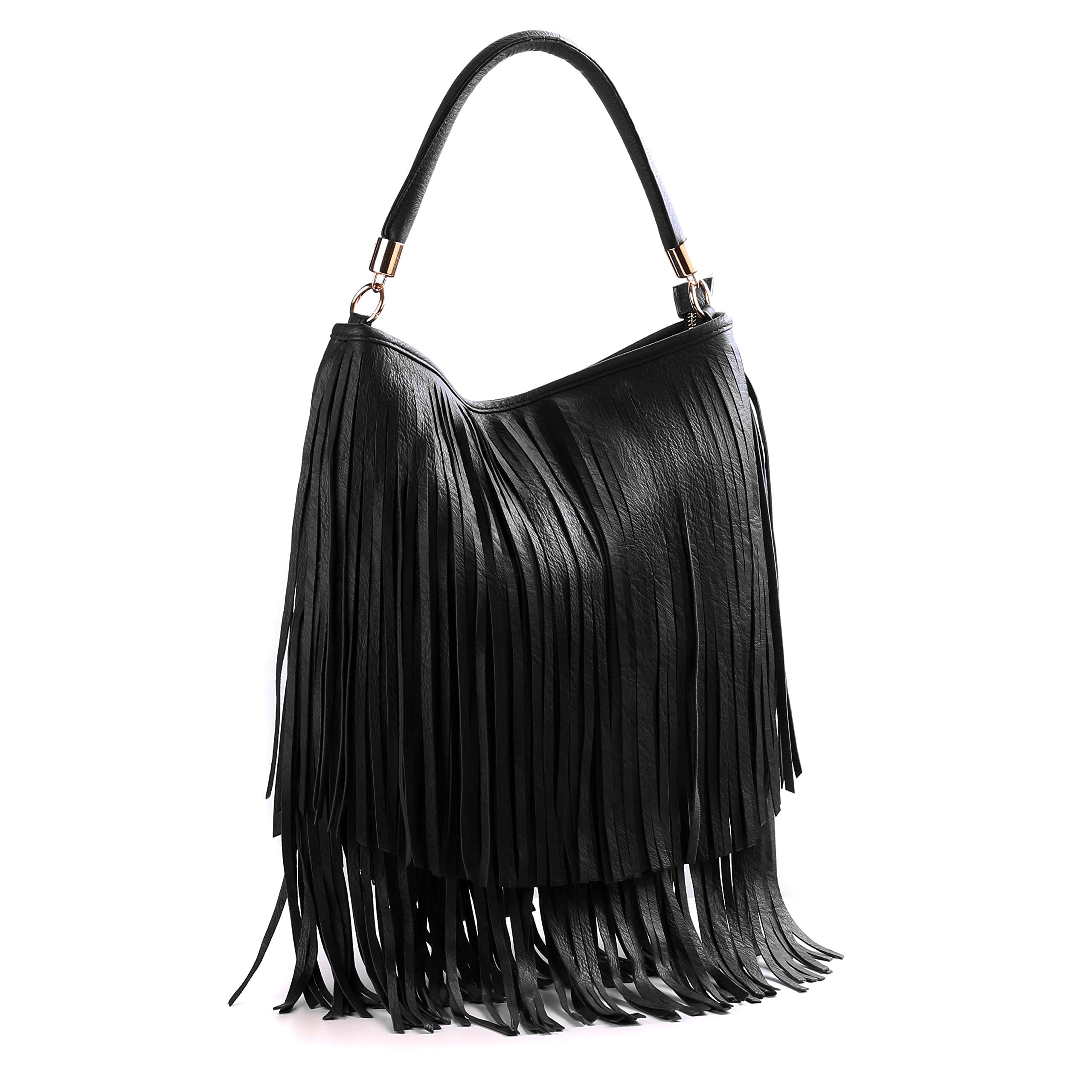 WEDMAY - Bolso de hombro de piel sintética suave con flecos y borlas para mujer, Estilo 1 - Negro, Large