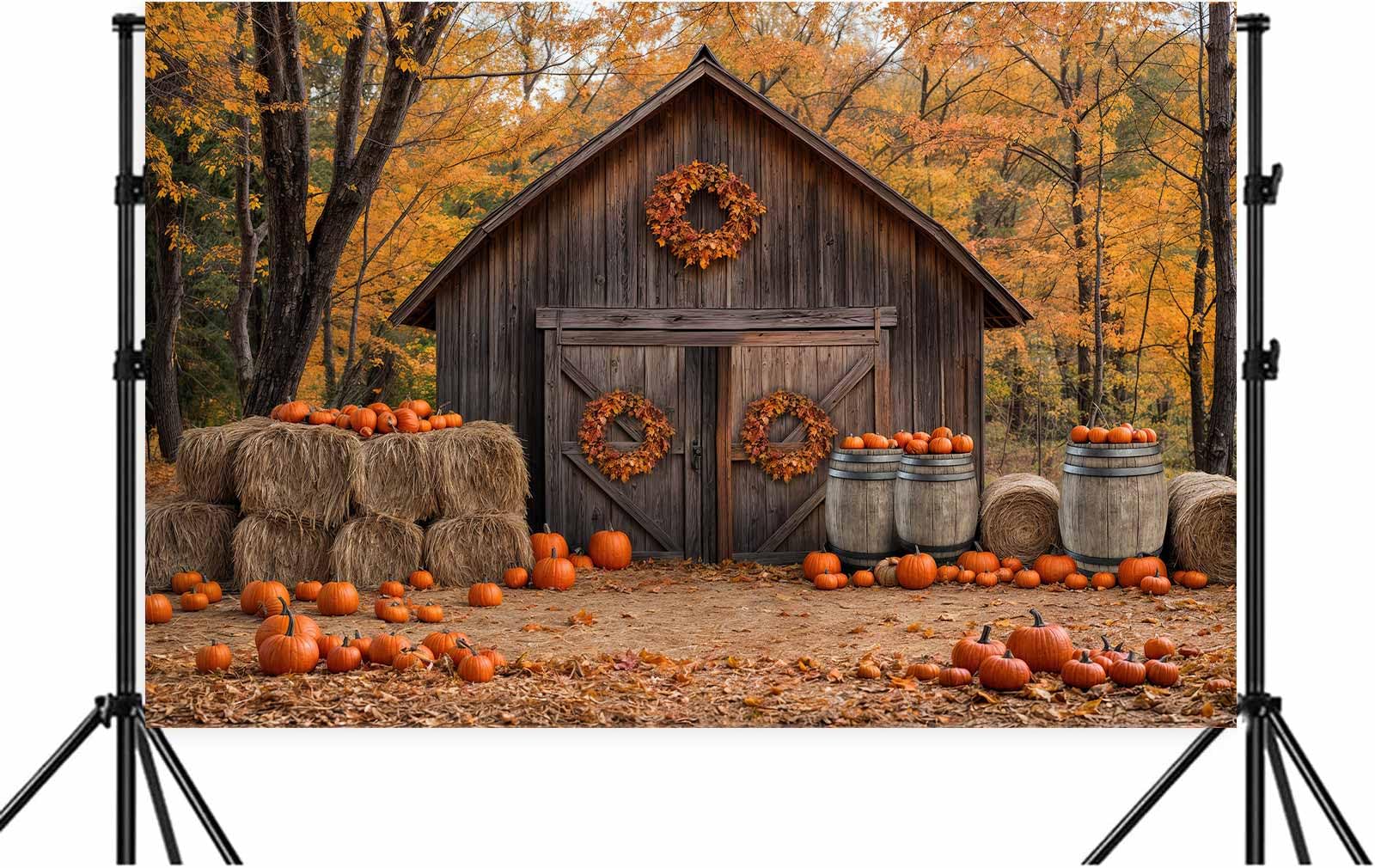 5X3ft Fall Barn Wood Door Photography Backdrop Autumn Western Forest Rustic Pumpkin Harvest Hay Natural Scenery Maple Leaves Farm Wooden Barrel
