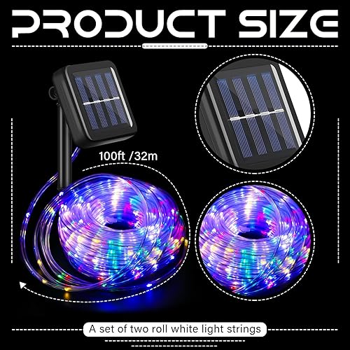Miniatura 2 de 2 tiras de luces solares de 300 LED de 100 pies cada una para exteriores, impermeables, para campamento, 8 modos de iluminación, tubo de PVC