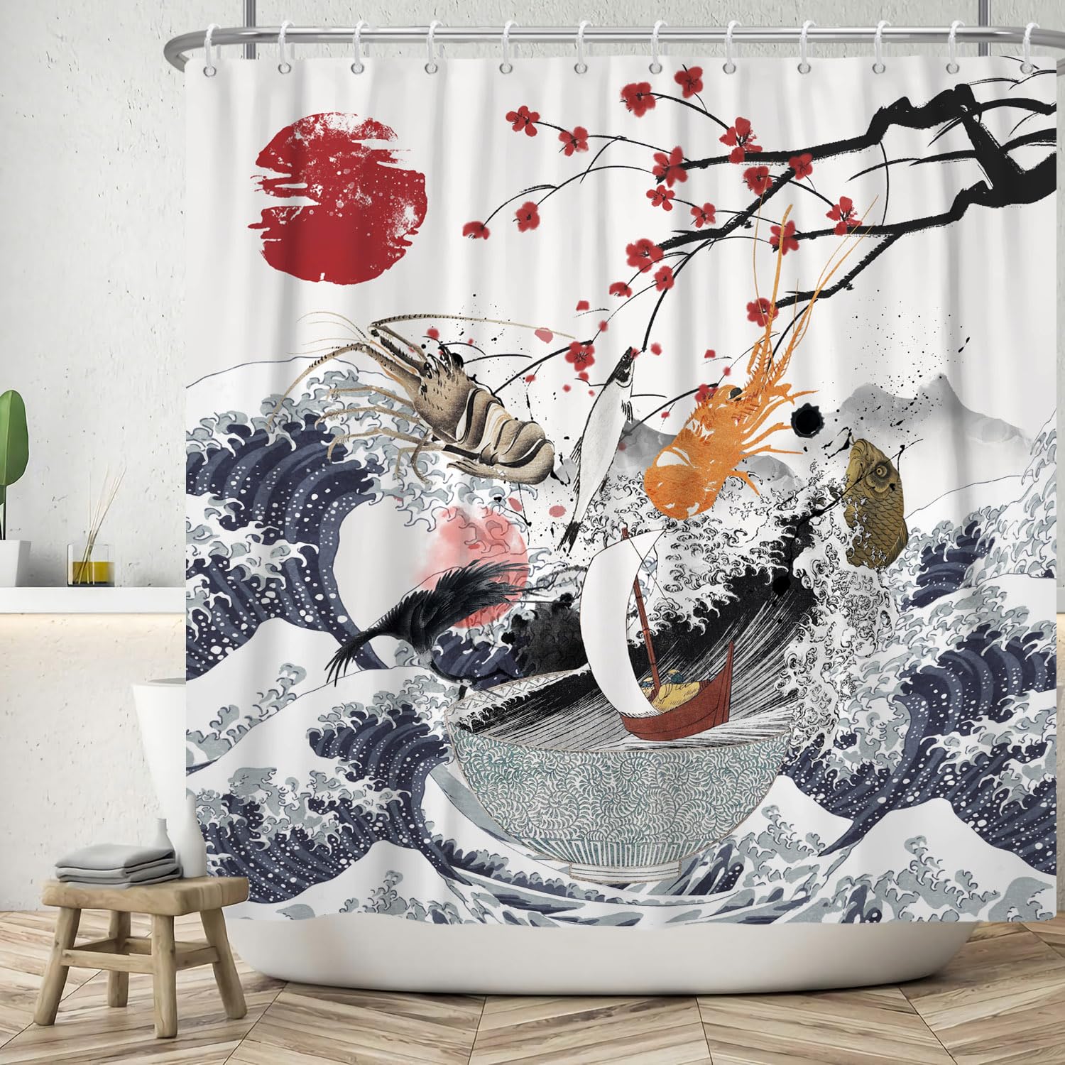SDOTPMT 150x180cm Great Wave Shower Curtain Ocean Fuji Mountain Red Sun Sailing Fish Shrimp Cherry Blossoms Asian Japanese Traditional Ukiyo-e Art Bathroom Curtains with Hooks — image 1