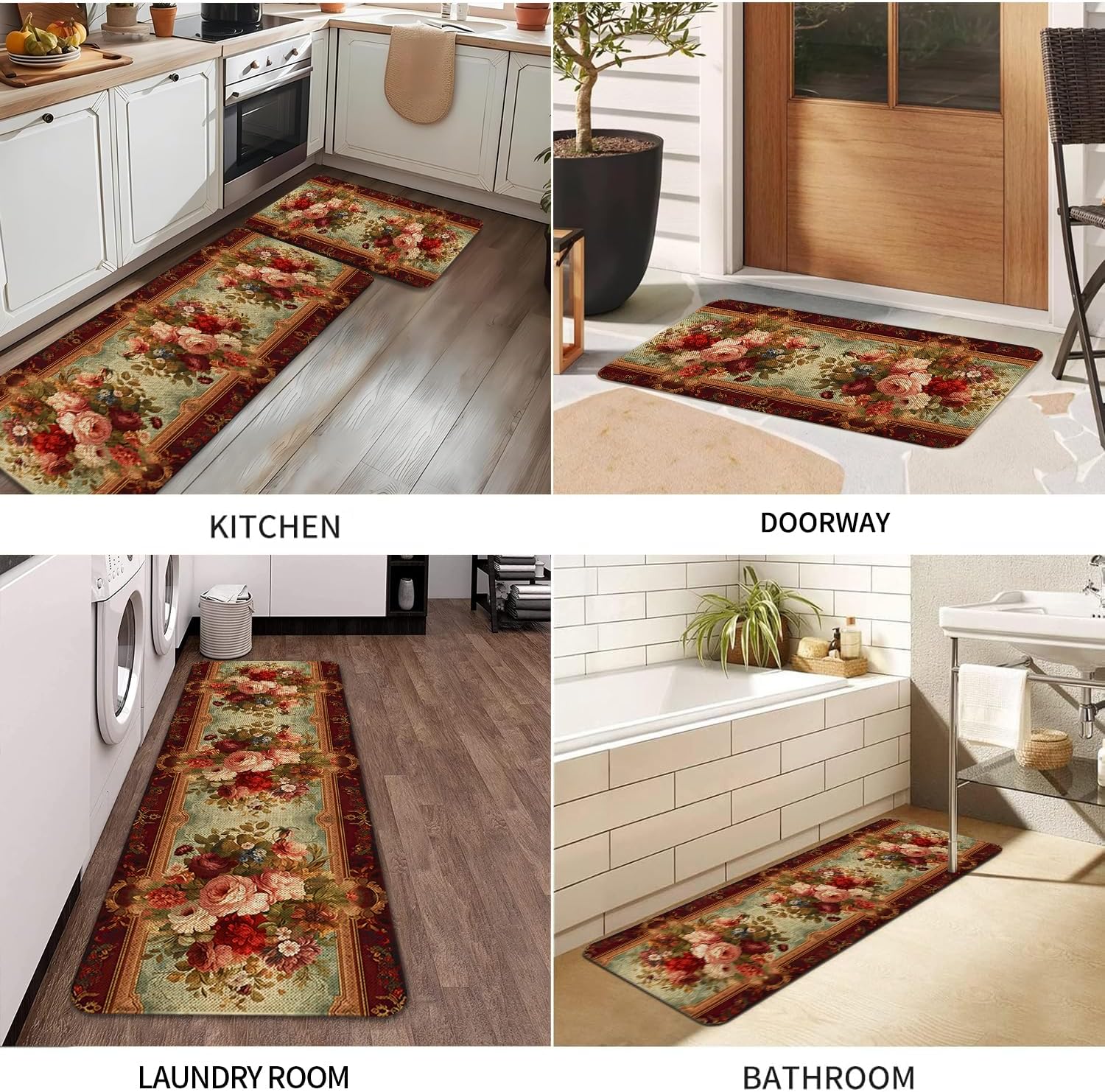 Retro Farmhouse Spring Floral Kitchen Rugs Sets of 2 Non Slip Washable, Country Vintage Flower Summer Spring Floral Kitchen Mats for Floor 2 Piece Home Decor