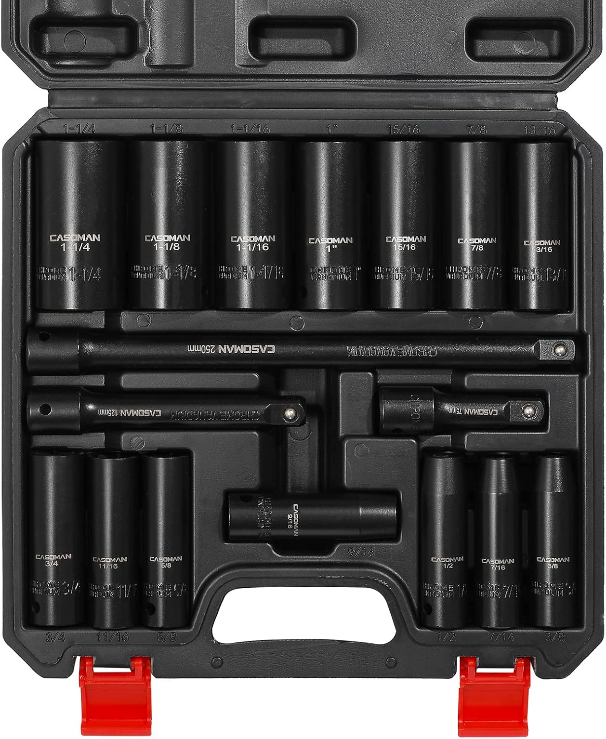 CASOMAN 17PCS 1/2" Drive Impact Socket Set, Deep, Cr-V Steel, SAE, 3/8-inch-1-1/4-inch, Includes Extension Bars:3-inch, 5-inch, 10-inch - - 