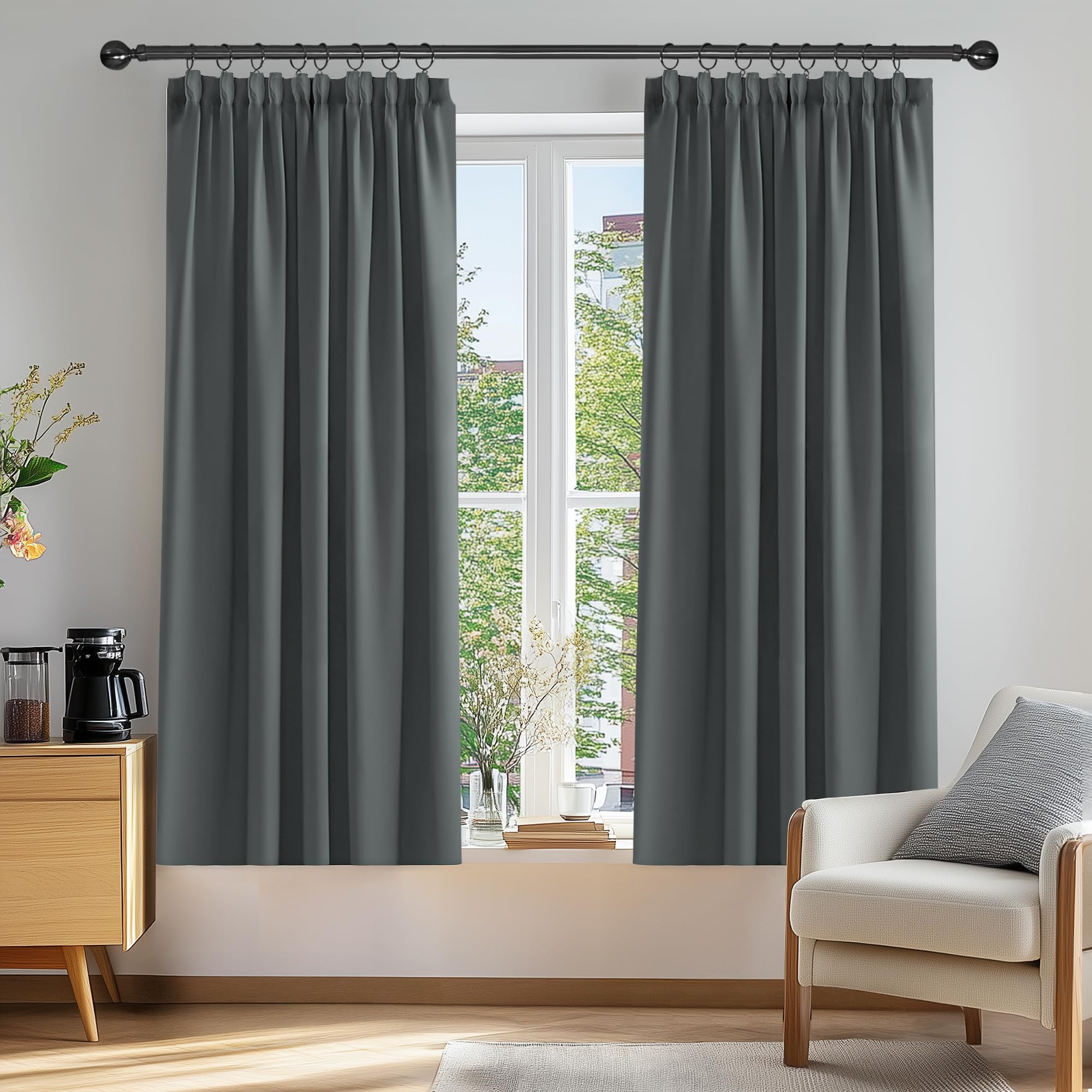 Deconovo Dark Grey Solid Pencil Pleat Curtains Thermal Insulated Tape Top Blackout Curtains For Bedroom 66 X 54 2 Panels