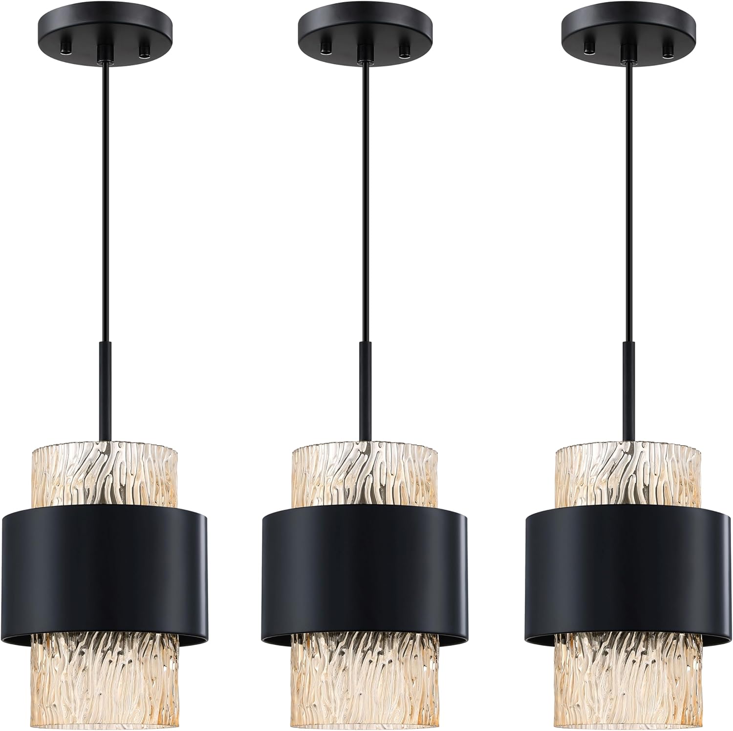 3 Pack 1 Light Hanging Indoor Kitchen Island 6" Drum Amber Textured Glass Shade Pendant Ceiling Light Fixtures,Black Finish Modern Farmhouse Dinning Over Sink 3 Pack Black Amber Textured Glass