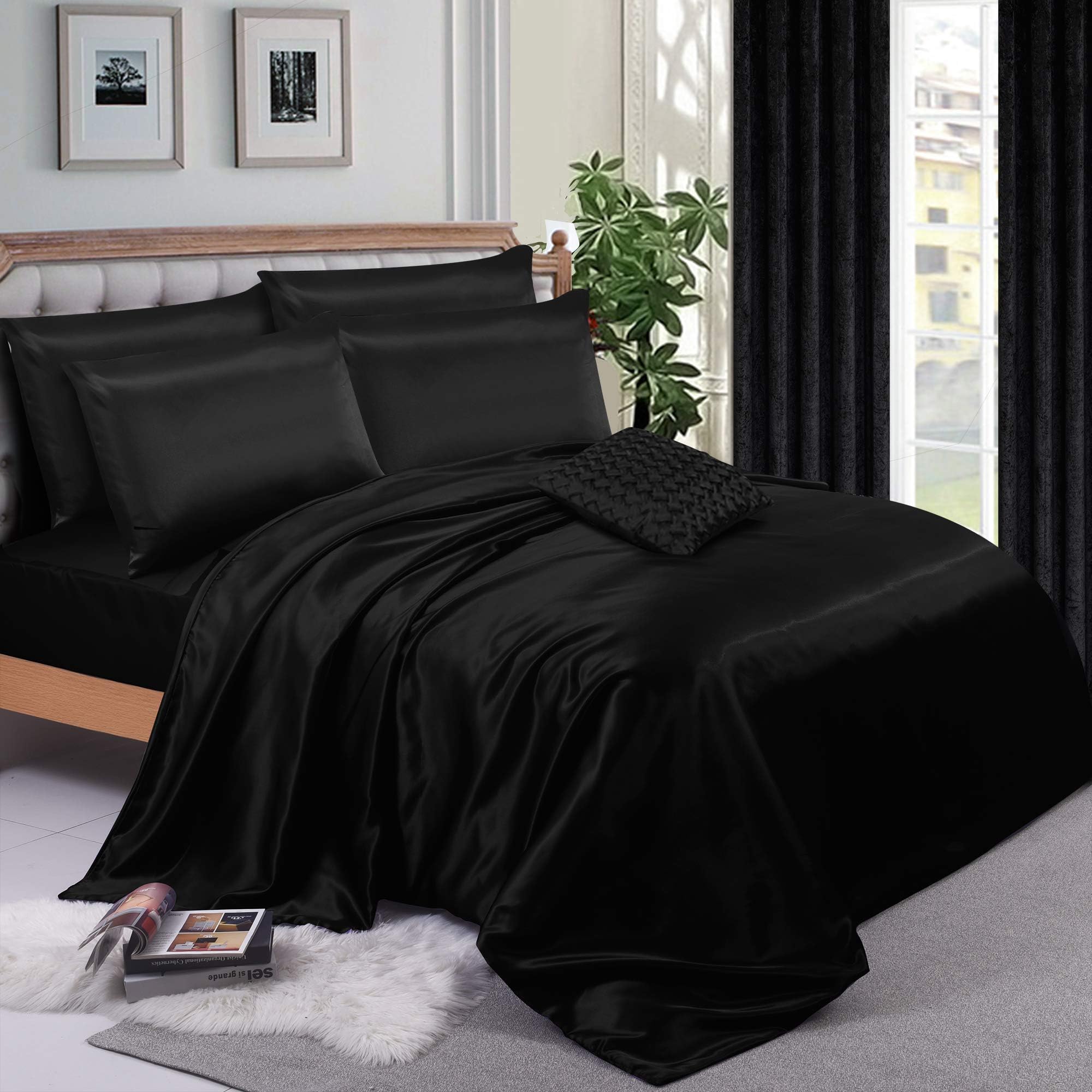 6pc Satin Bedding Black Double Duvet Cover Set (inc 1 duvet cover,1 fitted sheet,4 pillowcases