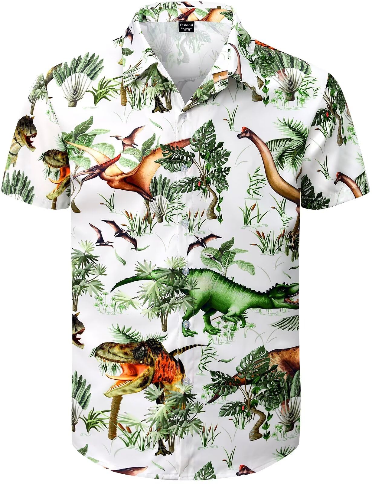Fashonal Men's Hawaiian Shirt Button Down Tropical Beach Short Sleeve Aloha Shirt, Dinosaur White, S