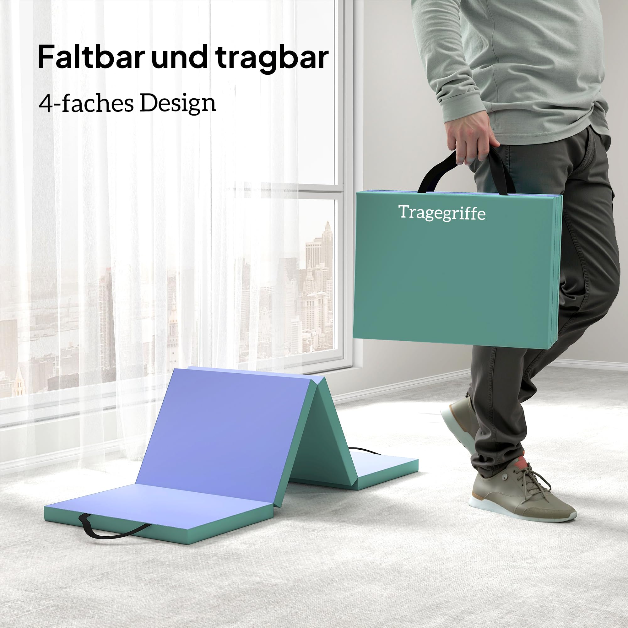 SPORTNOW Trainingsmatte, Faltbare Fitnessmatte Sportmatte mit Griff Gymnastikmatte Gymnastik Tumbling Matte für Yoga, MMA, Fitness, Pilates, Synthetikbezug, Grün+Lila, 180 x 60 x 5 cm