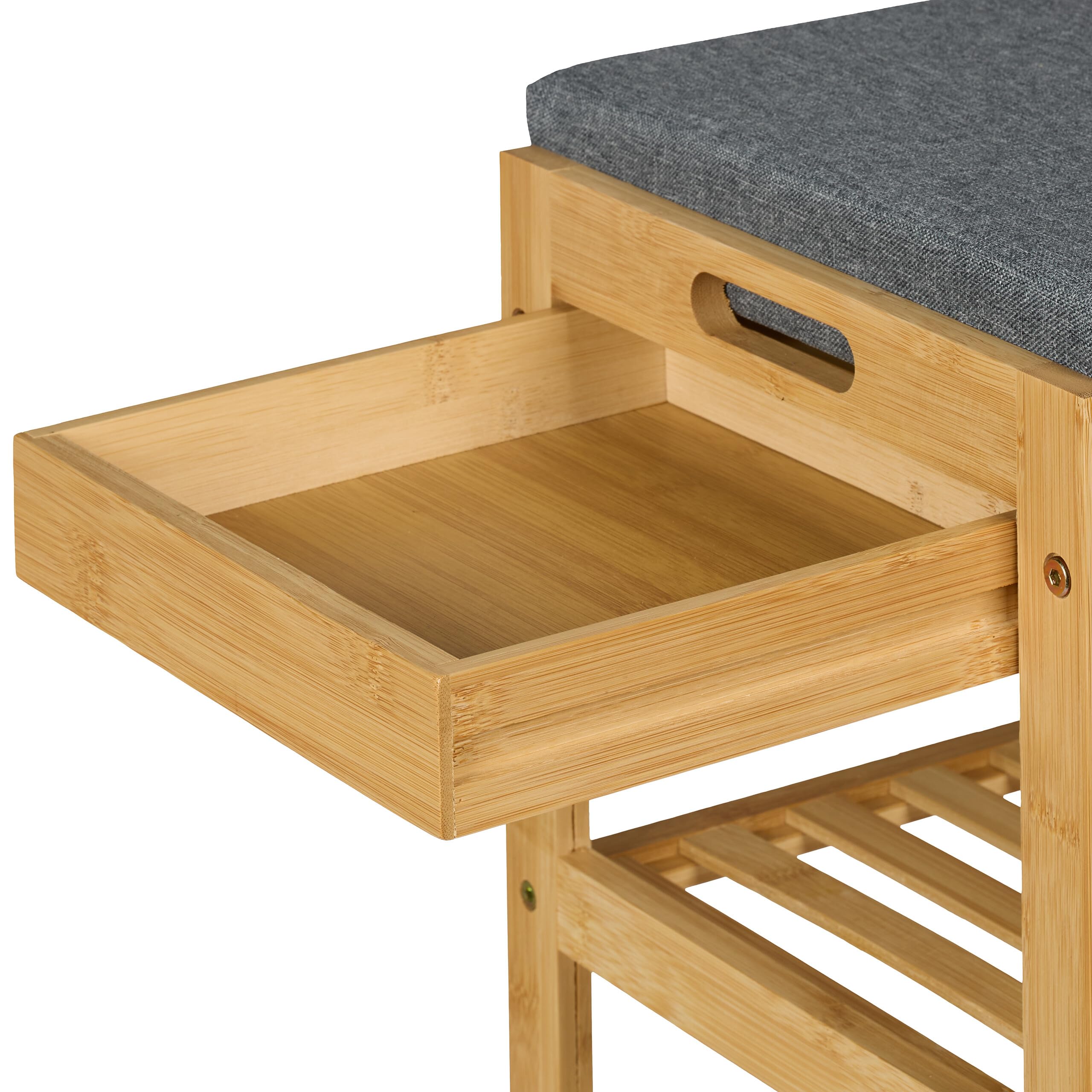 Relaxdays Panca Scarpiera per Ingresso, 2 Ripiani Portascarpe, Cuscino e Cassetto, 49x55x30cm, bambù, Naturale Grigio