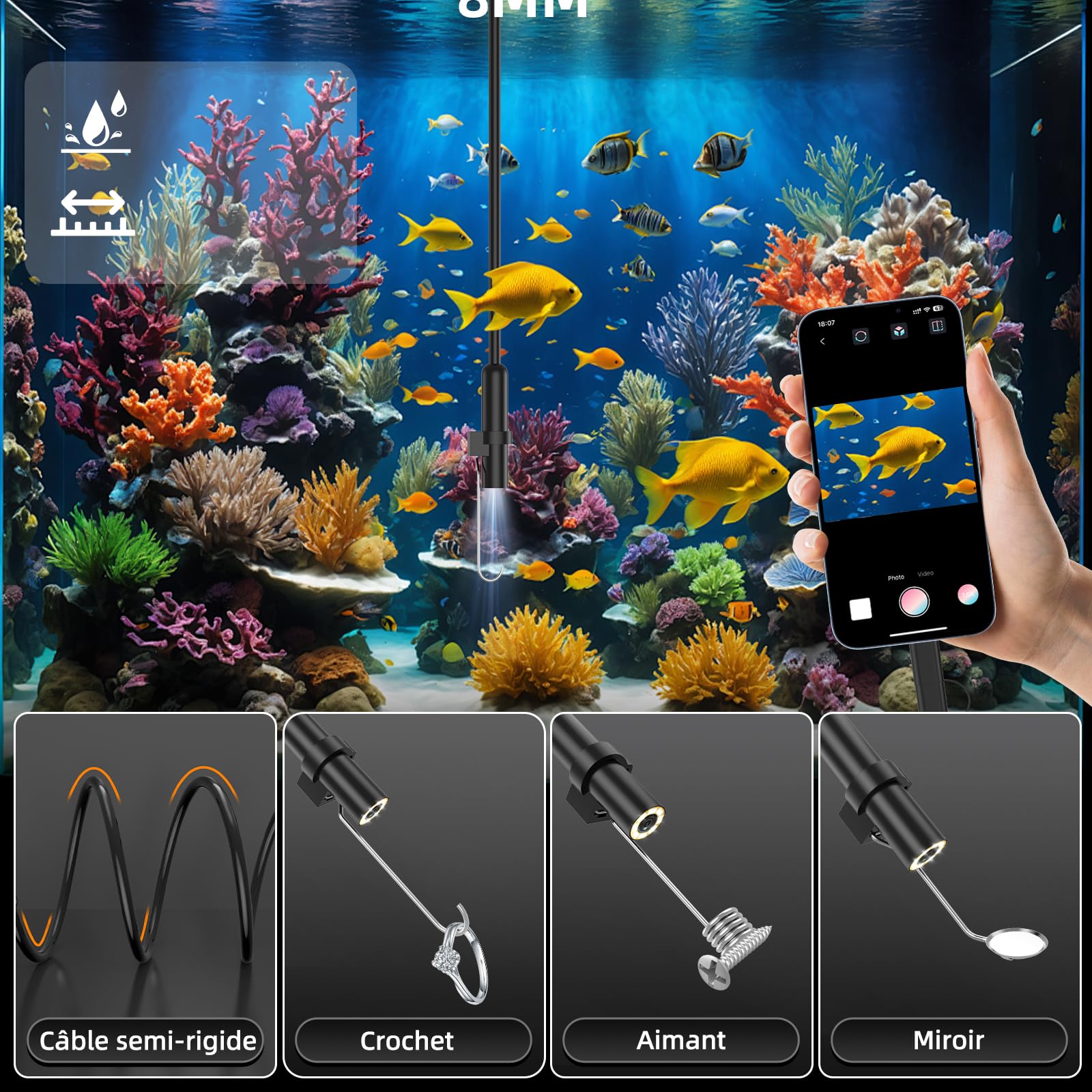 Camera Endoscopique avec Lumière, Endoscope Camera HD 1920P, Caméra de Puits Étanche IP67 5M avec 8 LED, Furet de Dégorgement,Spirale de Dégorgement de Canalisation pour Égouts et Conduites