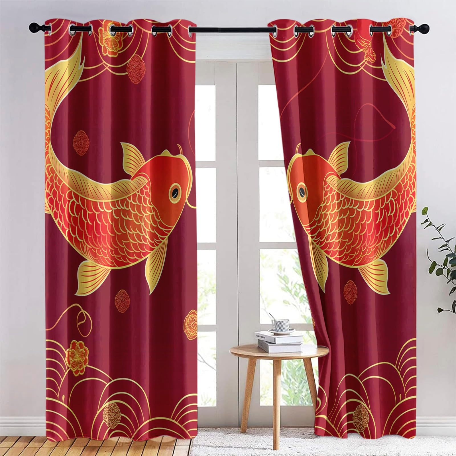 Tende Oscuranti per Interni 2 Pezzi 140x260 cm (LxA), Chinese Style New Year Fish Red Tenda Coprente per Soggiorno, Termiche Isolanti Tendaggi per Interno con Anelli Finestra per Salotto