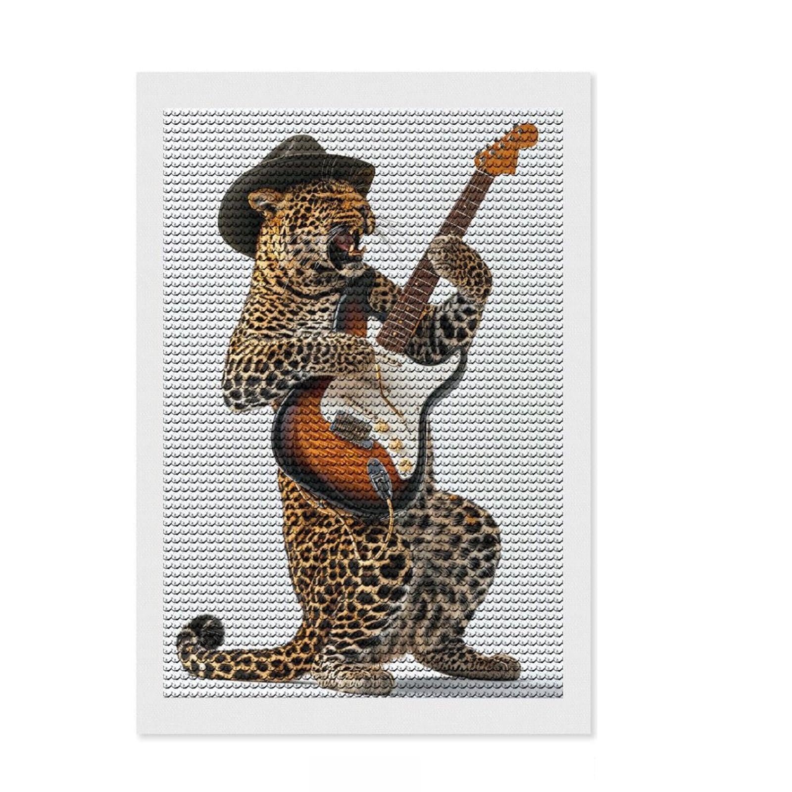 Junmoney Leopard Guitar Diamond Art Kit 8"x12", Boho Decor, Farmhouse Decor, Stress Relief Craft, Creative Gift Idea, Birthday Gift