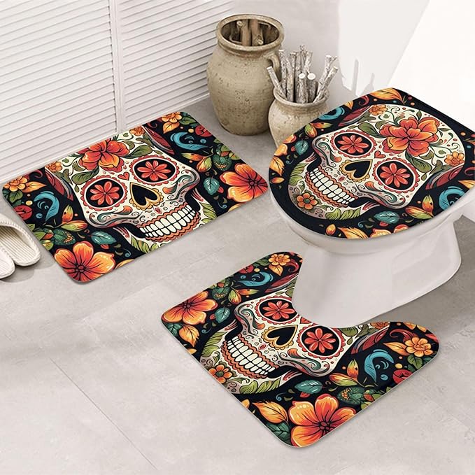 Bathroom Rugs Sets 3 Piece Soft Absorbent Bath Mats for Bathroom U-Shaped Contour Rug and Toilet Lid Cover Colorful Sugar Skull Bath Mat Non-Slip Area Rug Machine Washable Toilet Rug Floor Mats