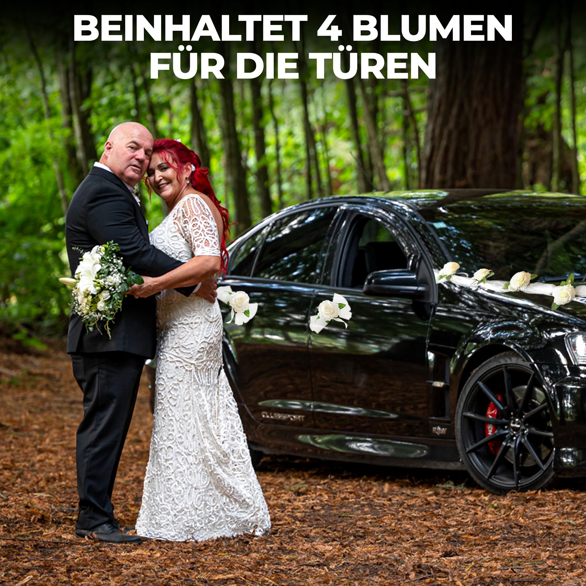 Autoschmuck Hochzeit Motorhaube – 2X 180cm Seidenblumen Girlande Weiß mit Saugnäpfen & 4 Türblüten – Brautauto Deko Set für Türgriffe