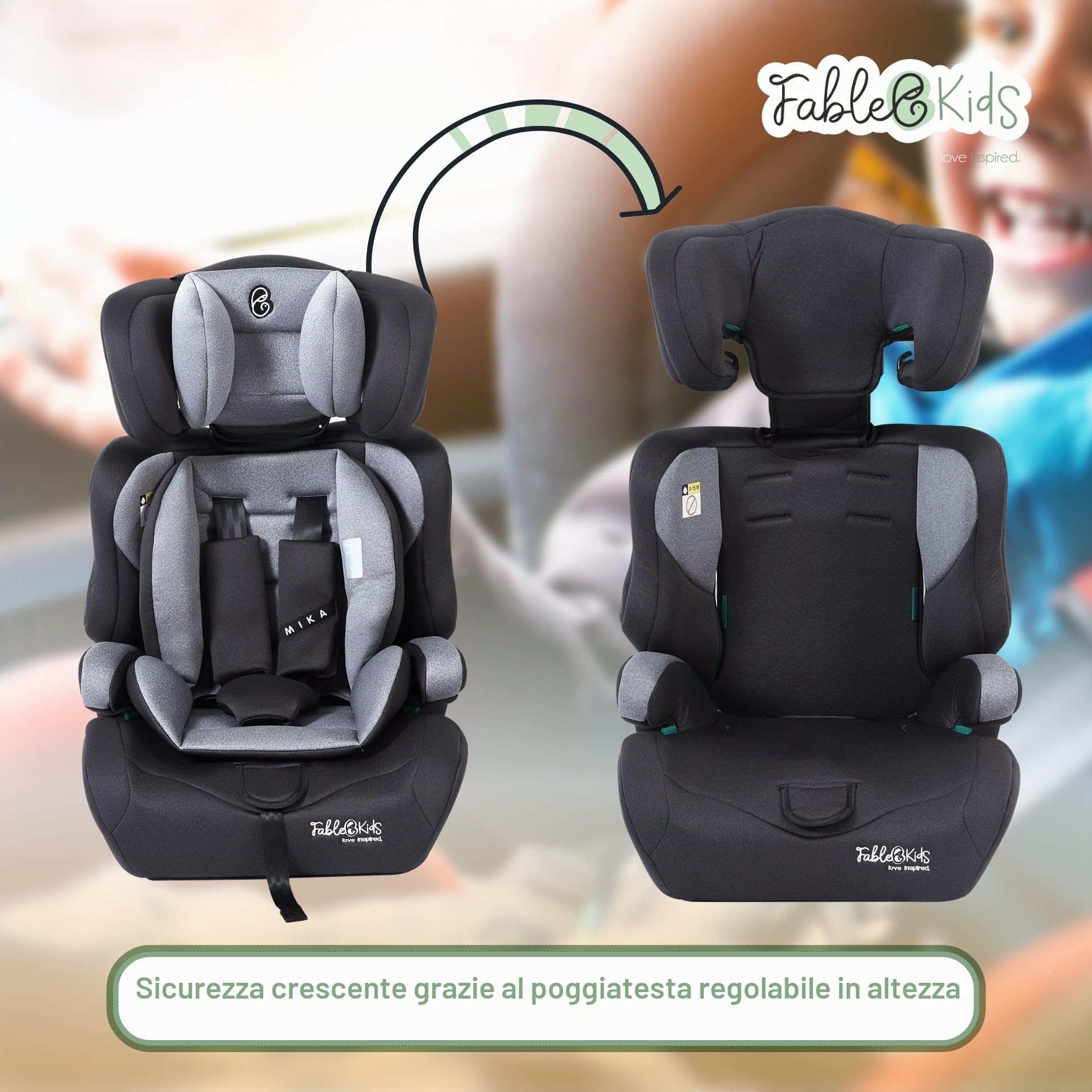 FableKids seggiolino auto per bambini | cintura di sicurezza a 3 punti | Seggiolino auto per bambini 76-150 cm | seggiolino regolabile con poggiatesta | ECE R129 | Grigio