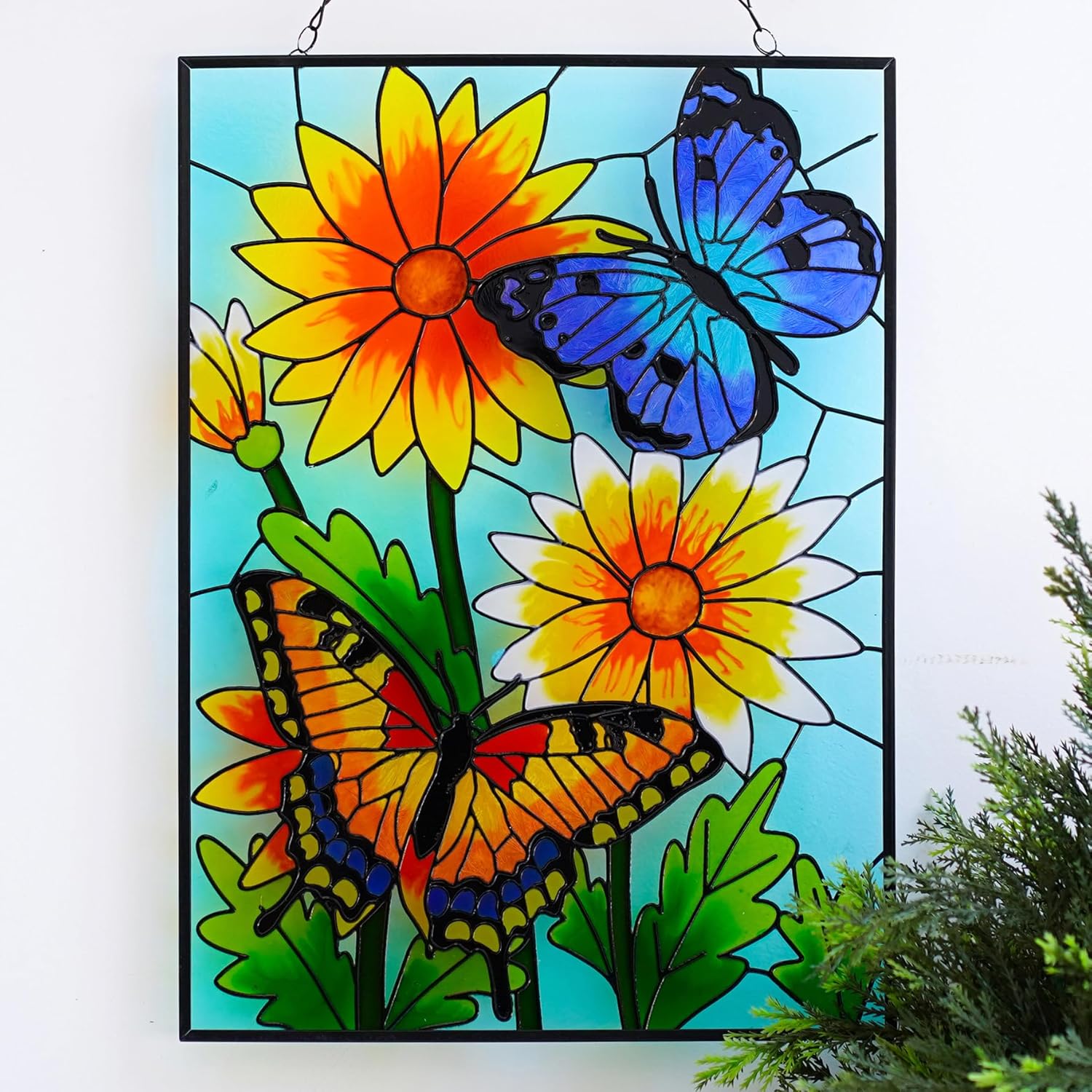 VinSees Large 15 * 11 Inch Butterfly Stained Glass Windows Hanging, Glass Panel and Metal Chains,Large Size Sun Catchers for Windows Hanging. Butterfly Wall Decorations for Balcony or Yard.