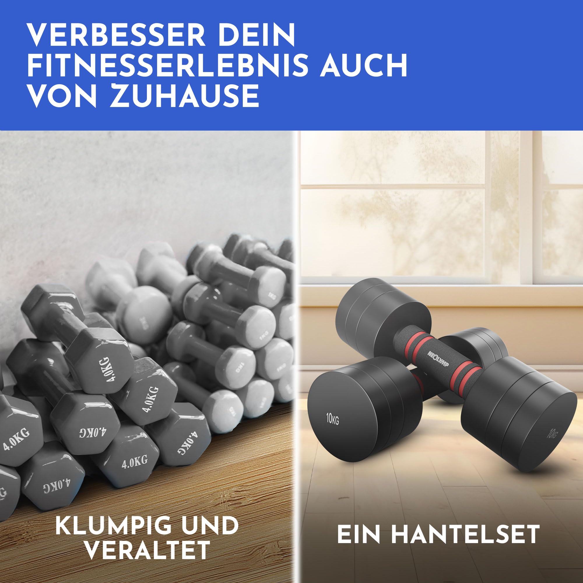 NEOLYMP 2er Set verstellbare Kurzhanteln – platzsparendes Hantelset aus Stahl mit ergonomischem Griff für Krafttraining & Home Gym – in verschiedenen Gewichtsstufen.