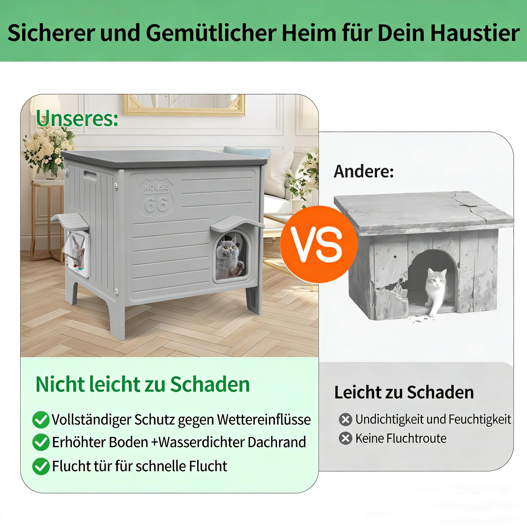 Katzenhaus Outdoor, Winterfest für mittlere Katzen, Ganzjahreshütte mit abnehmbarem Dach, wasserdicht & leicht zu reinigen Grau