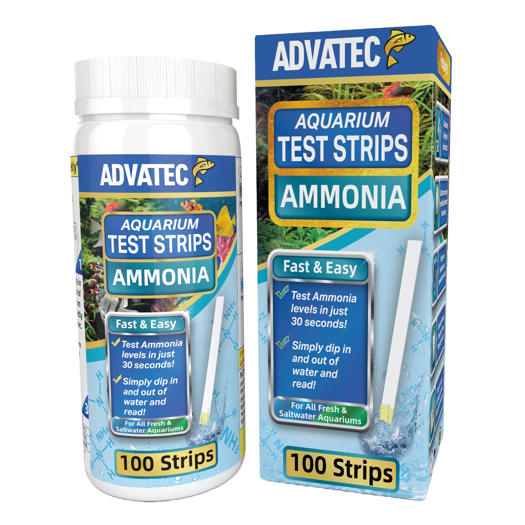 Ammonia Test Strips for Freshwater & Saltwater Fish Tank - Testing Strips for Fresh & Salt Water Aquarium - Lab Grade Water Tester Kit - 100 Count