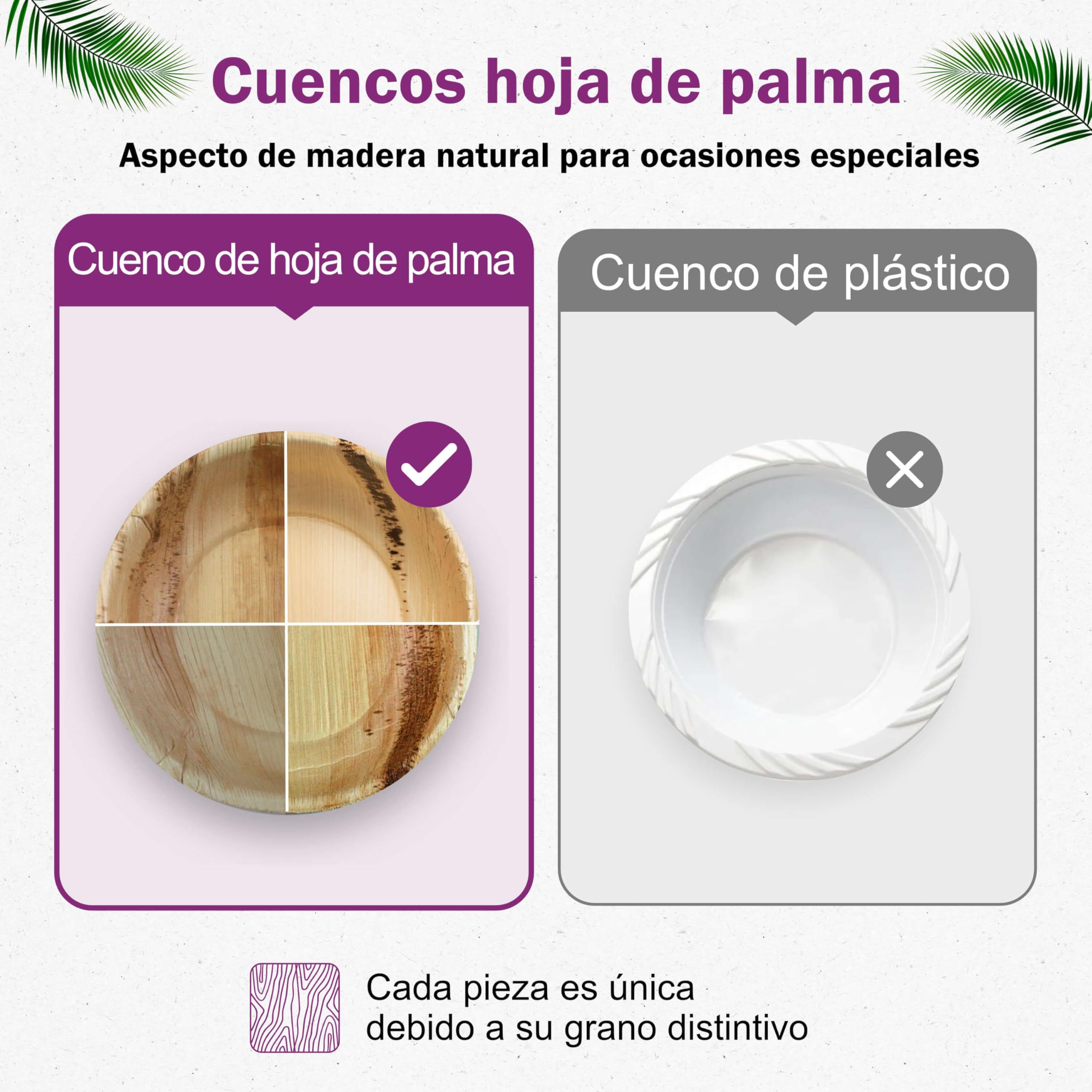 25 Cuencos Desechables de Hoja de Palma Orgánicos - 11 cm/ 200 ml - Vajilla Ecológica Elegante - Estable, Natural y Compostable - Menaje para Aperitivos o Fiestas - Estilo Madera