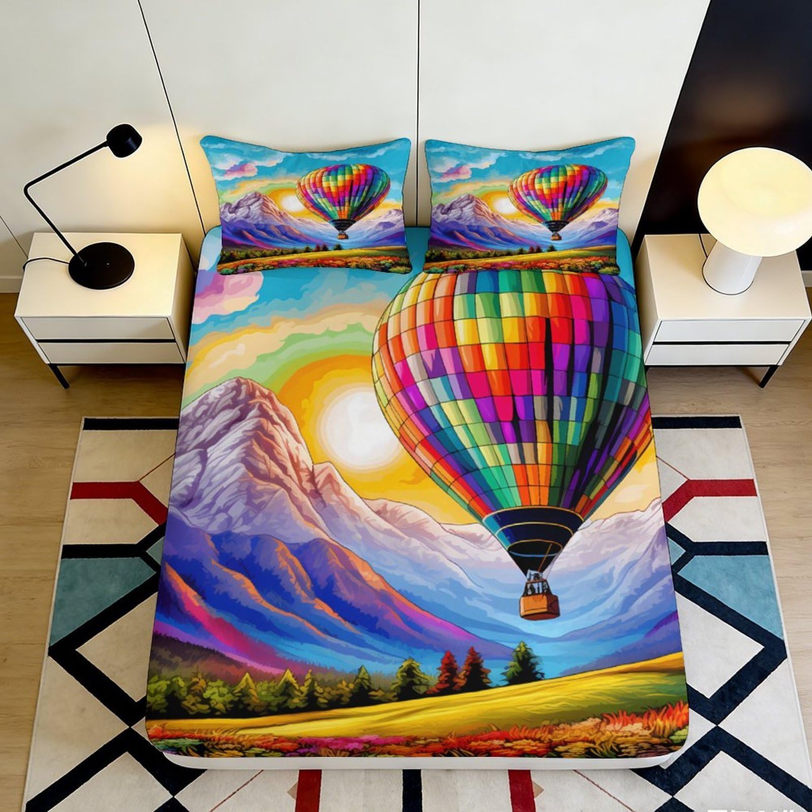 Jqzkxnhpbr Style-9 3D Printed Colorful Hot Air Balloon Fitted Sheet Microfiber Soft Mountain Landscape Mattress Cover For Bedroom Decor 90X200x25cm