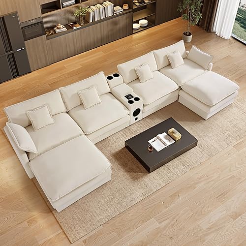 162.6" U Shaped Cloud Couch Sectionals Oversized Sectional Couches for Living Room Modular Couch, Large Velvet Cloud Sofa with Console Bluetooth Speaker USB Ports, Cream White