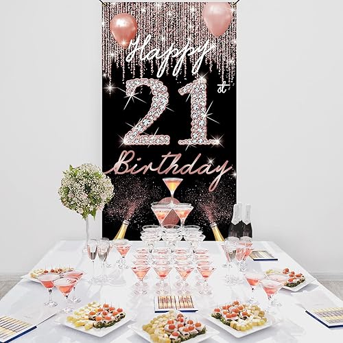 Miniatura 3 de Decoración de cumpleaños número 21 – Cartel de puerta de oro rosa, letrero de patio de fiesta y accesorios para cabina de fotos, tela, resistente