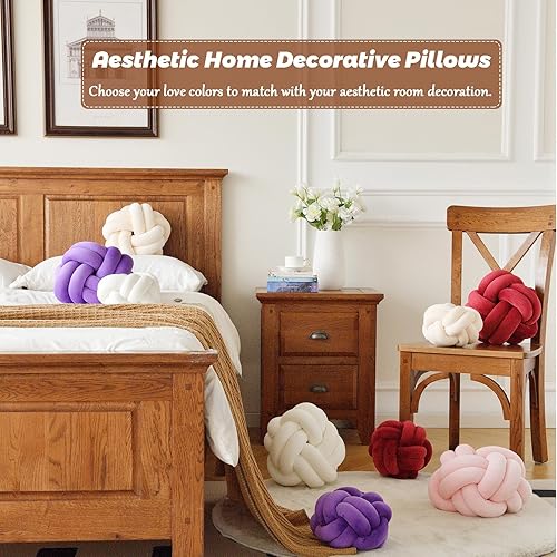Miniatura 5 de VBGYA Almohadas decorativas de color marfil de 11 pulgadas, almohadas grandes y redondas de felpa anudada, bonita almohada de nudo hecho a mano para
