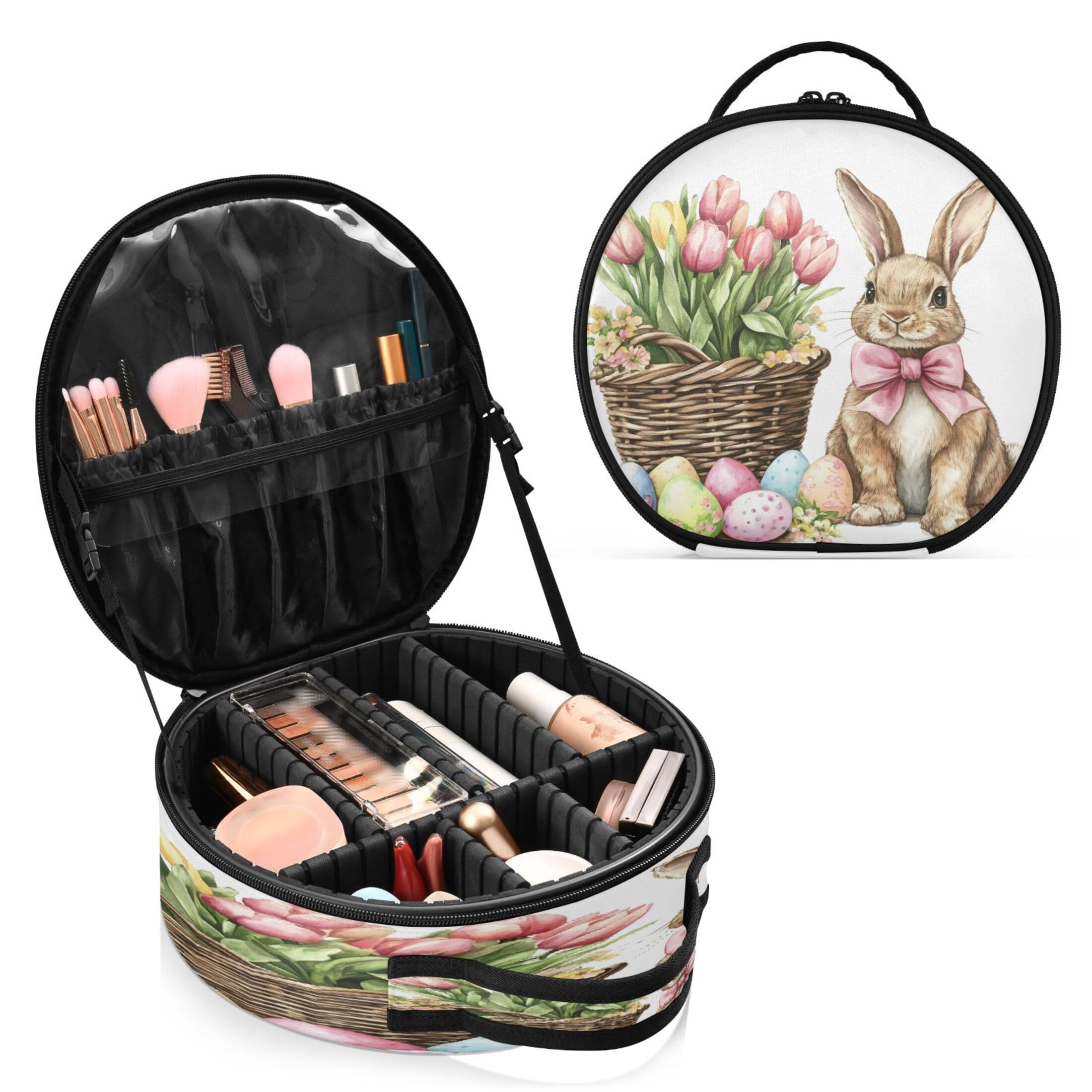 Takiito Bunny Tulips Eggs Travel Makeup Case Portable Makeup Box Artist Cosmetic Case Organizer With Adjustable Dividers