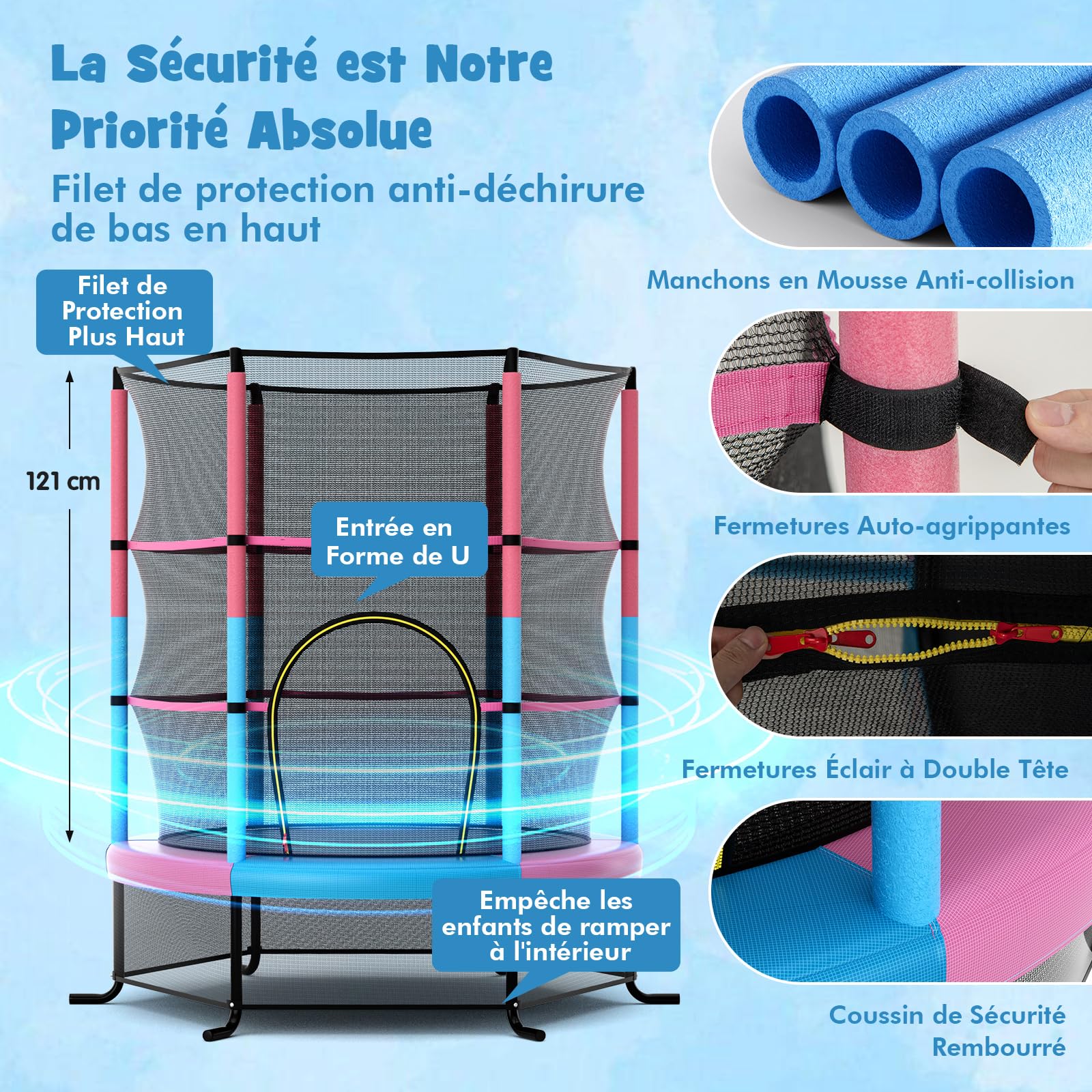 COSTWAY Trampoline Extérieur Enfants Ø165 CM avec Filet de Sécurité, Trampoline Enfants avec Cadre en Acier & 6 Poteaux Recouvert de Mousse, Charge Max 135kg pour Garçon et Fille…