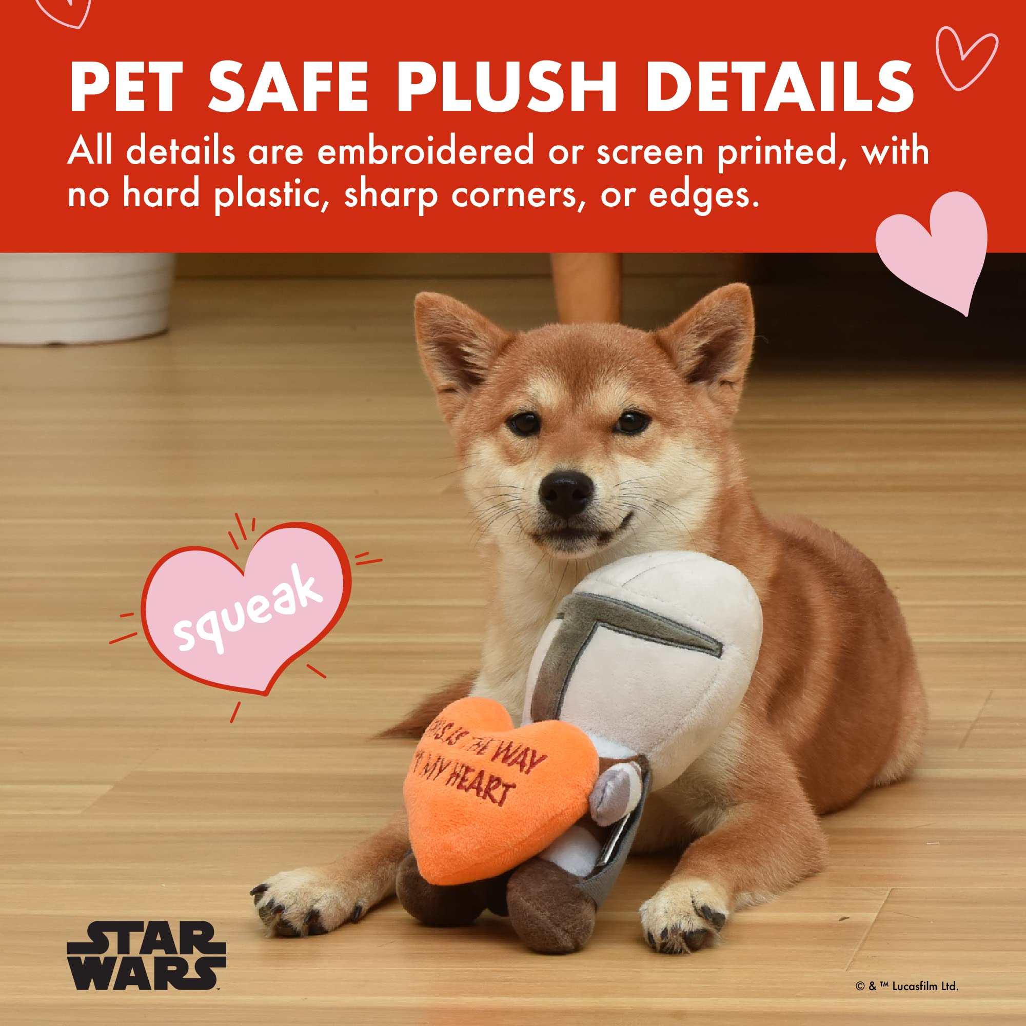 Star Wars Hundespielzeug, Mandalorianischer Plüsch-Quietscher, 22,9 cm, Mandalorianischer Valentines to My Heart, Plüsch-Quietscher, Spielzeug für Hunde, Mandalorianer, Stofftier, 22,9 cm