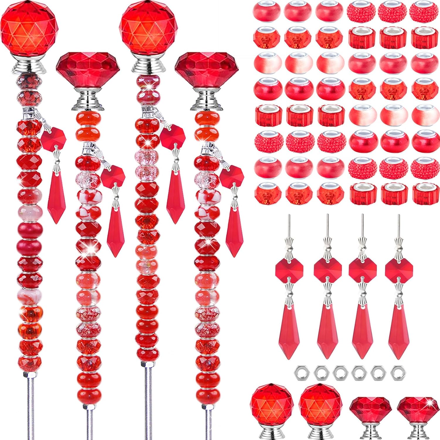300 Pcs DIY Fairy Wand Beaded Garden Stakes Kit, Fairy Wands Garden Kit Colorful Large Hole Bead with Pendants Crystal Stopper Top Threaded Rod Beaded Garden Stakes Supplies for Outdoor Decorative