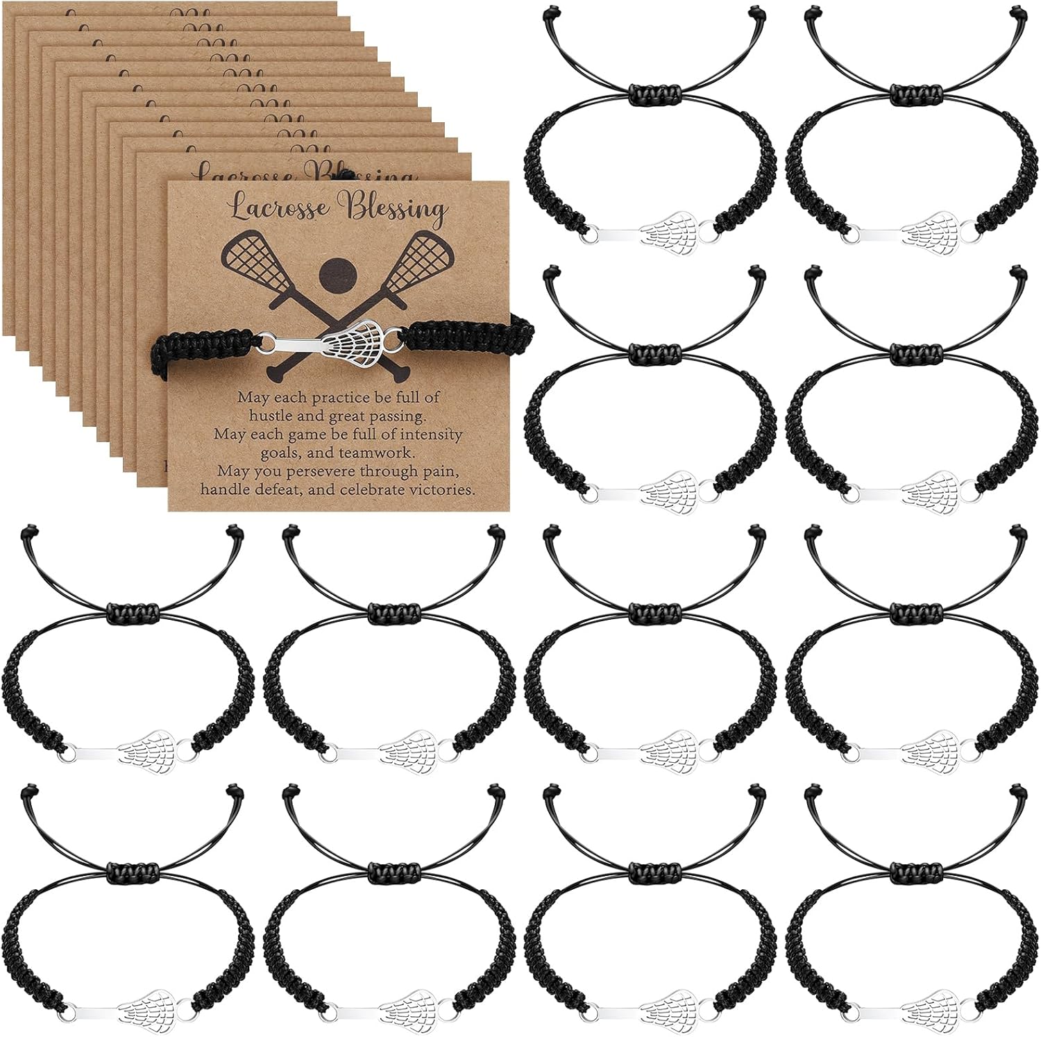 Huquary 12 Set Lacrosse Bracelet Gift Bulk Lacrosse Bracelet with Inspirational Cards Sports Motivational Wristbands for Players Coaches Senior Night Party Favors Banquets Tournaments School Events