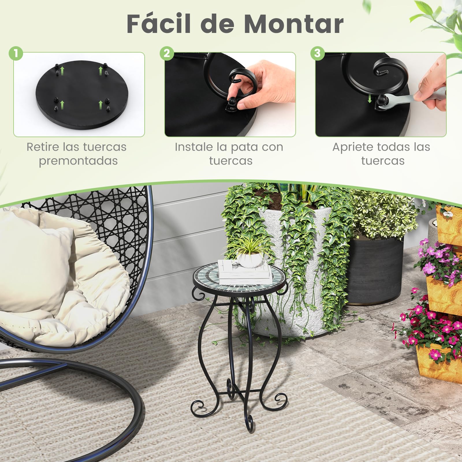 COSTWAY Mesa Auxiliar de Exterior Mosaico, Mesa de Jardín Redonda con Tablero de Cerámica Resistente, Soporte para Plantas Pequeña para Balcón Patio,Jardín, Mesa de Acento (Turquesa)