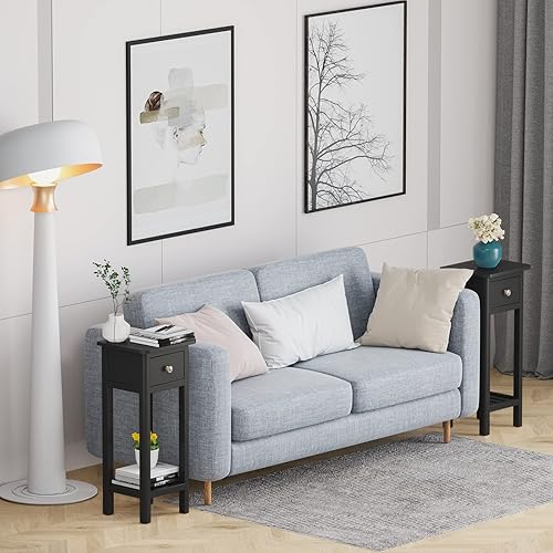 Miniatura 2 de Giantex Juego de 2 mesas auxiliares estrechas, mesa auxiliar de 31 pulgadas de alto con cajón y estante, mesa auxiliar delgada de madera de acacia