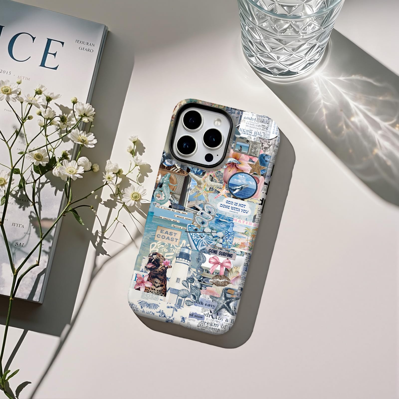 Lumen etui na iPhone'a 15 Pro, ochrona przed upadkiem klasy wojskowej, kompatybilne z MagSafe, Coastal Collage Ocean pokrowiec ochronny TPU z ochroną aparatu dla kobiet i dziewcząt - Noel