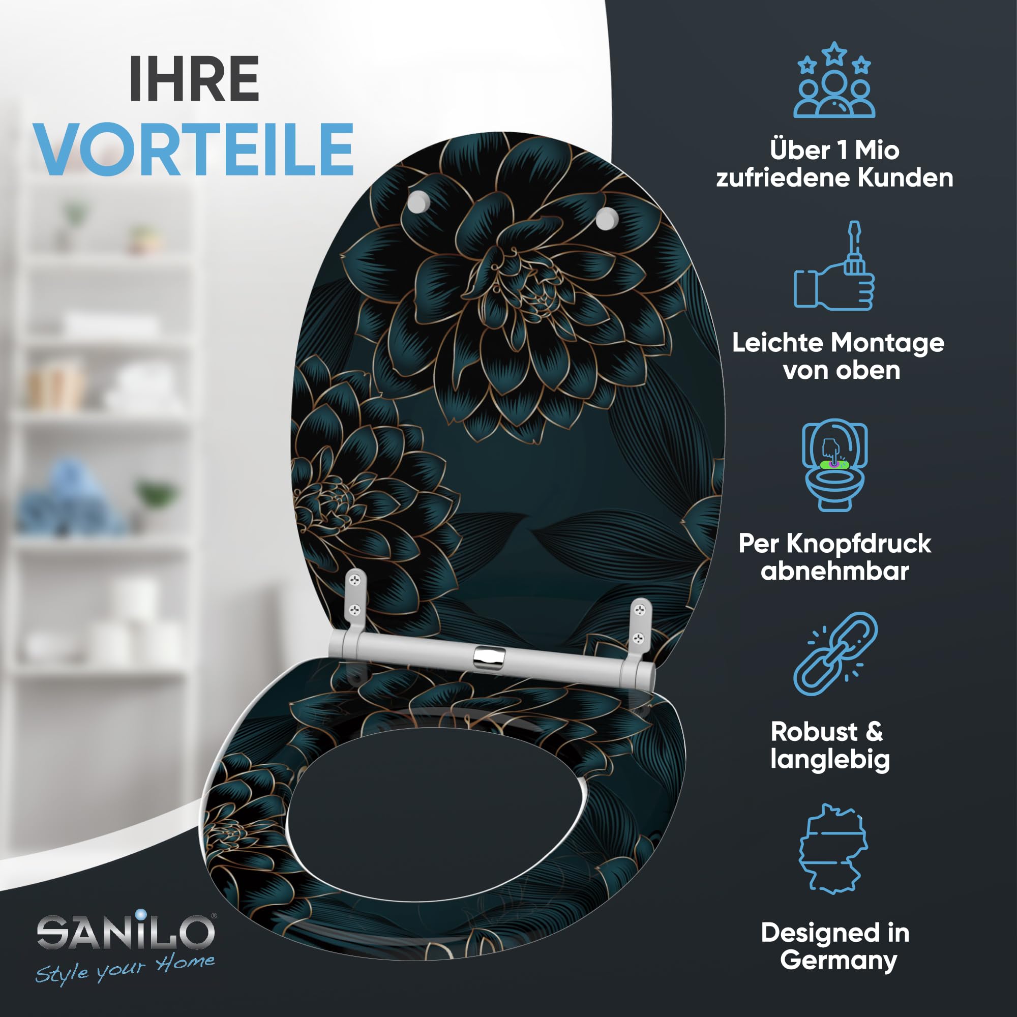 Sanilo WC Sitz mit Absenkautomatik, viele neue Toilettendeckel zur Auswahl, hochwertige Oberfläche, einfache Montage, stabile Scharniere (Dahlien)