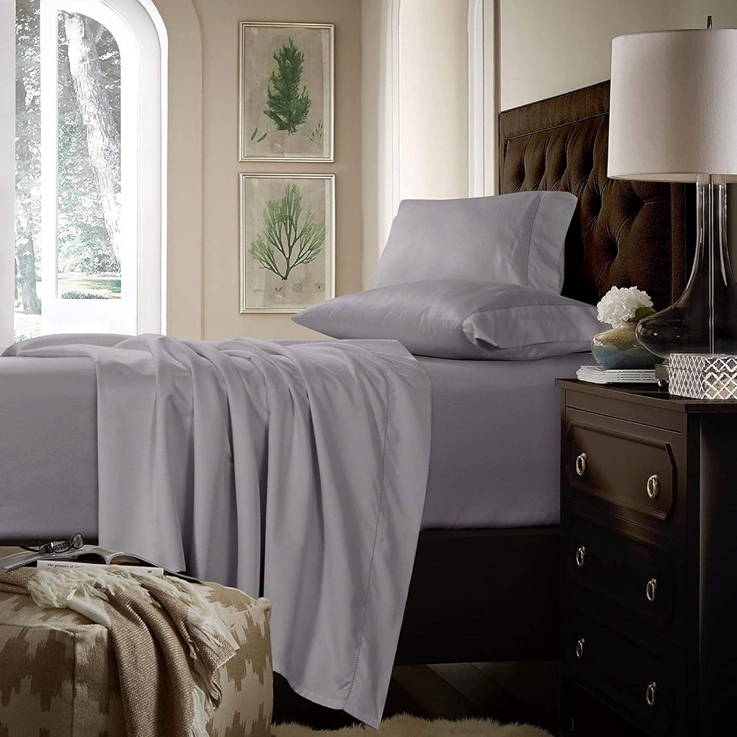 Tribeca Living King Bed Sheet Set, Soft Cotton Sateen Solid