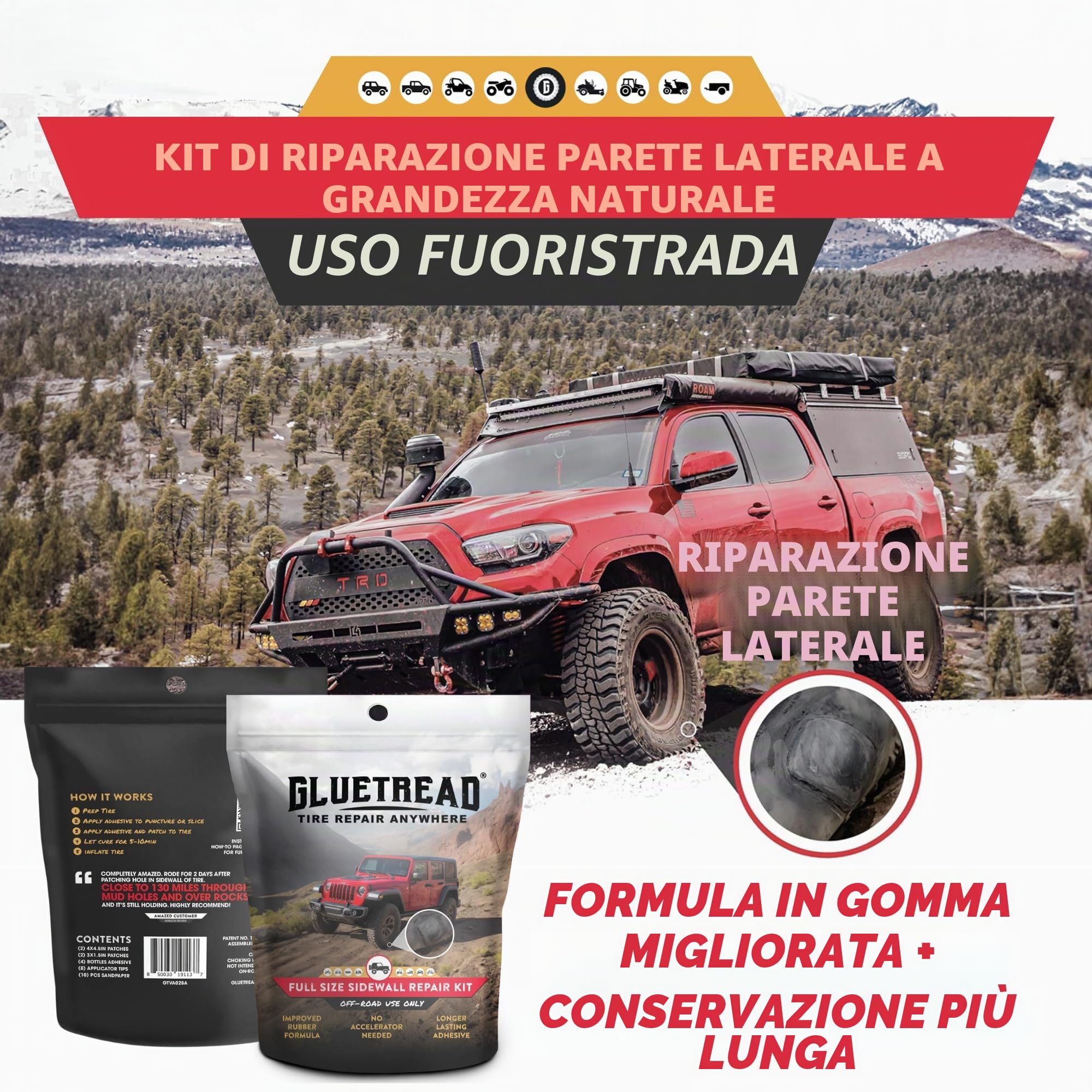 GlueTread, kit di riparazione pneumatici 4 x 4, kit di riparazione pneumatici laterali per veicoli fuoristrada 4x4, formula in gomma migliorata, nessun acceleratore necessario, tempo di asciugatura 10