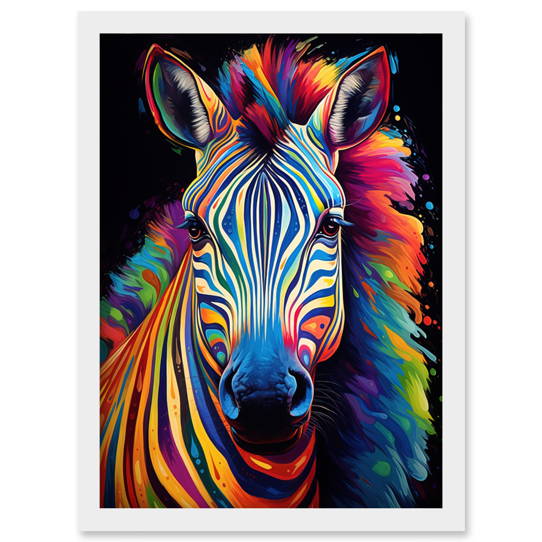 Artery8 Rainbow Striped Zebra Colourful Vibrant Bold Psychedelic Neon Impact Artwork Framed Wall Art Print A4