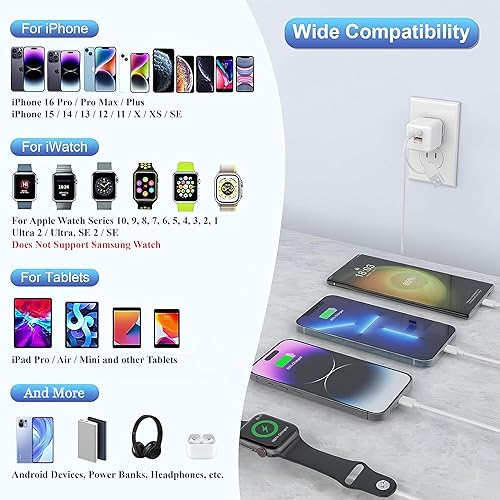 Miniatura 7 de Apple Watch Cargador USB C con enchufe de pared rápido PD de 30 W para Apple Watch/iPhone 16 Pro Max Plus/15/14, cable de carga magnético