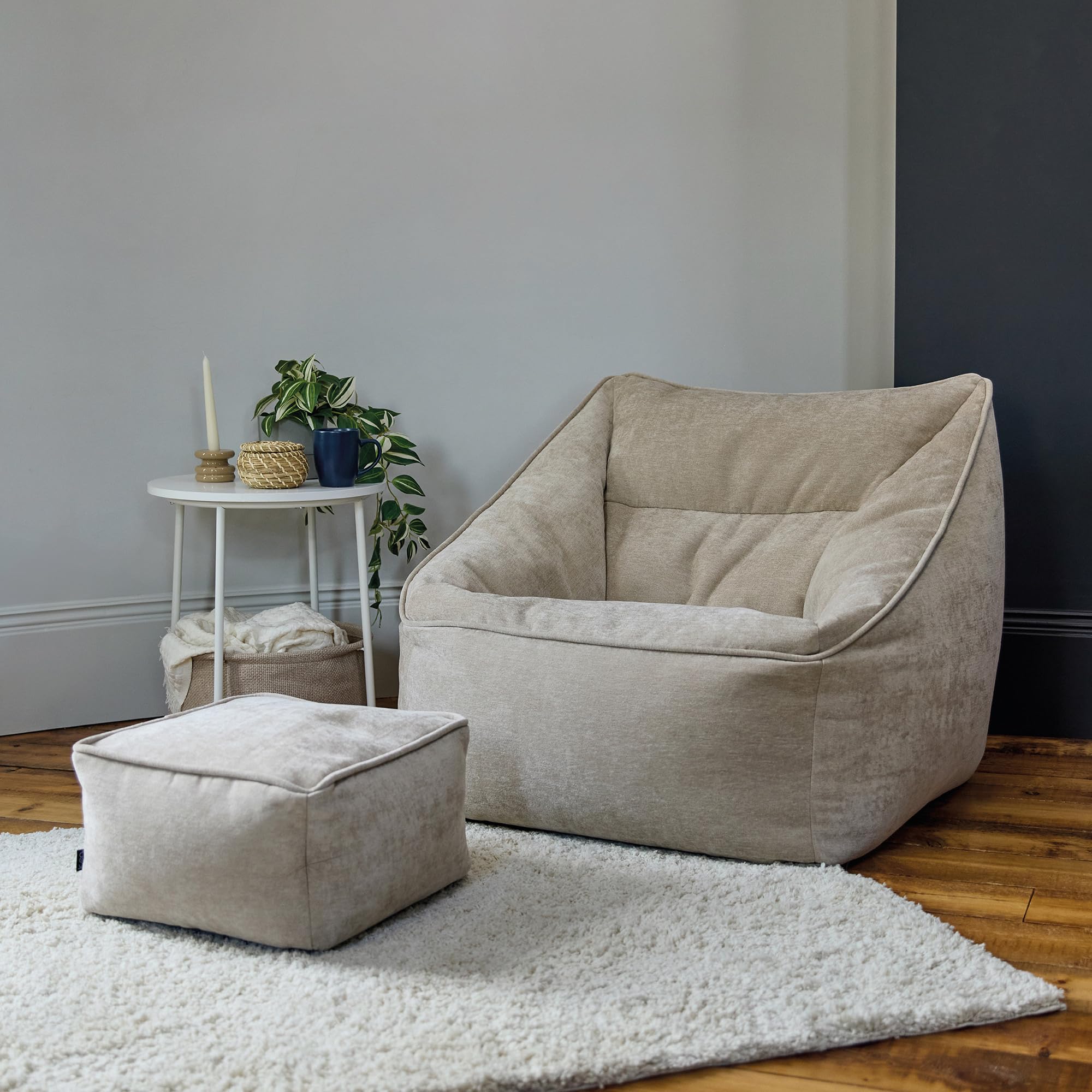 Icon Natalia Sitzsack Sessel mit Hocker für Erwachsene, Beige, Flauschiger Chenille Stoff, Riesen Sitzsack mit Füllung, Bean Bag Chair, Bequemer Sessel, Lounge, Schlafzimmer, Wohnzimmer Möbel
