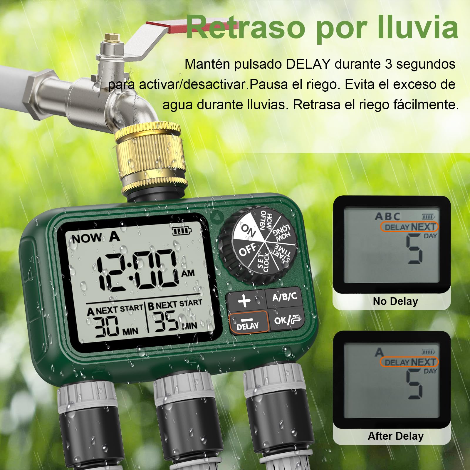 Programador Riego 3 Salidas con Entrada de Latón, Pantalla LCD Grande, Temporizador de Riego Automatico con Retraso por Lluvia, Riego Automático/Manual, Programador de Riego para Jardín Césped