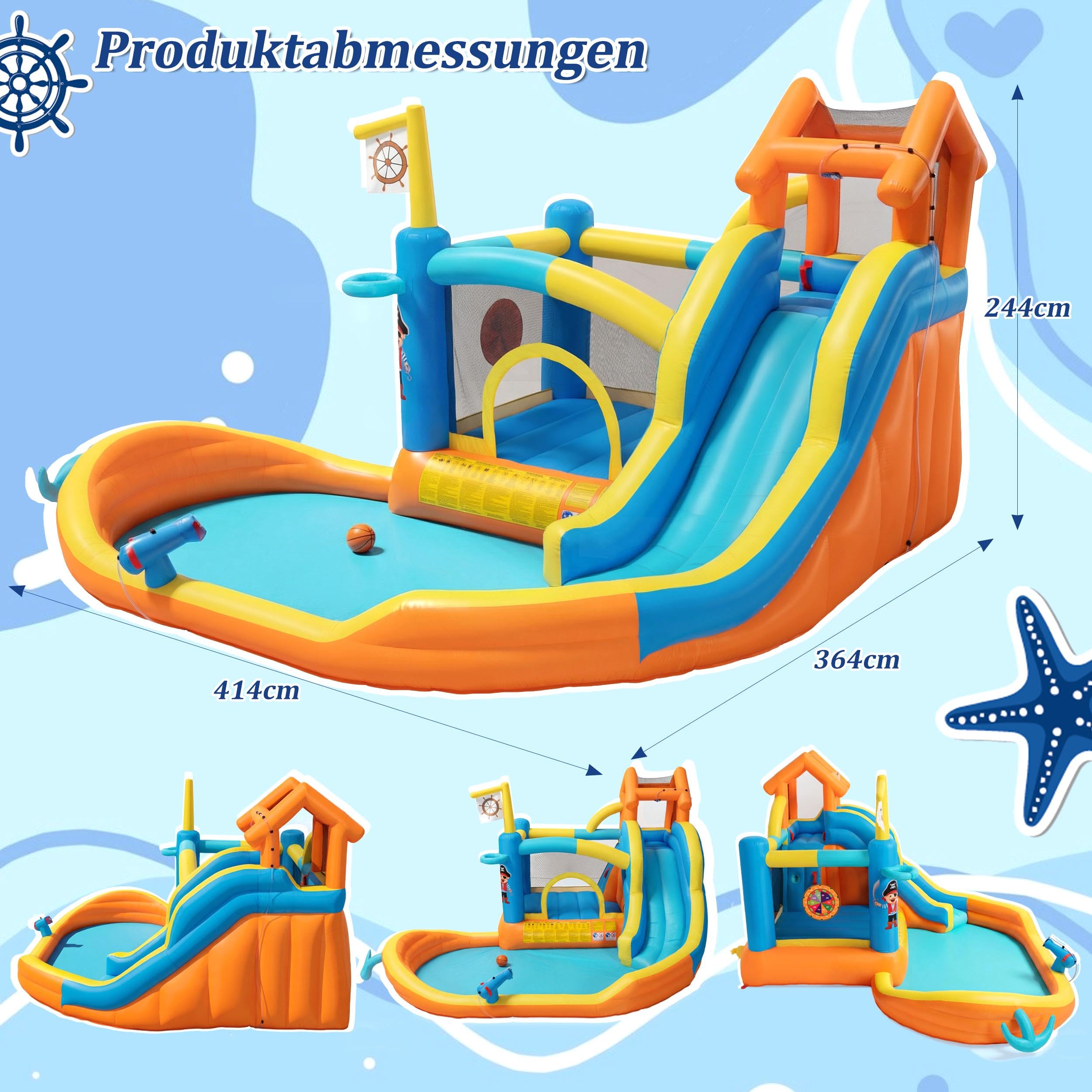 UEV Aufblasbare Hüpfburg XXL Indoor & Outdoor mit Gebläse 450W, extra breiter Wasserrutsche, für Kleinkinder (3-10 Jahre), EN71-1/2/3, Kindergeburtstag (414 x 364x 244 cm)