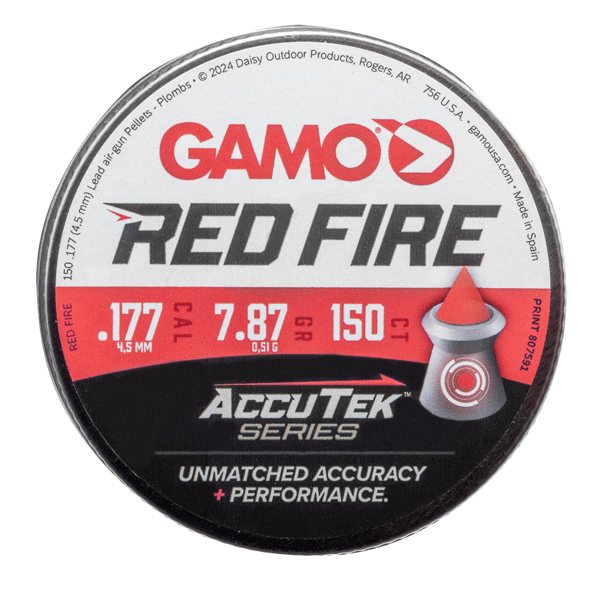 Gamo Red Fire .177 Caliber Pointed Pellets with Polymer Tip - 150 Count Tin - Red/Lead
