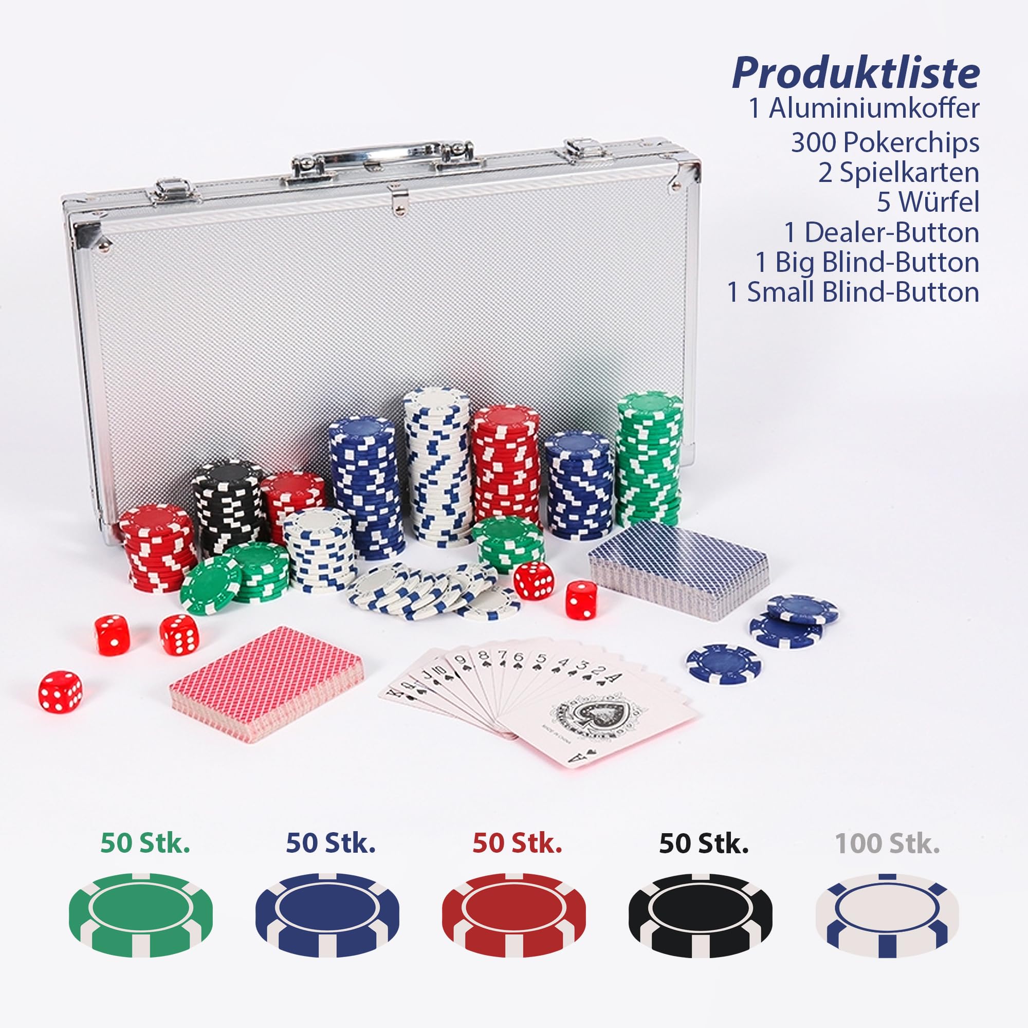 Pokerset inkl. 2X Pokerdecks, 5X Würfel, Dealer/Small Blind/Big Blind Button, Pokerspiel Alu Pokerkoffer mit 300 Chips Laser Pokerchips Set, Kartenspiele Aluminium Kasino Silber