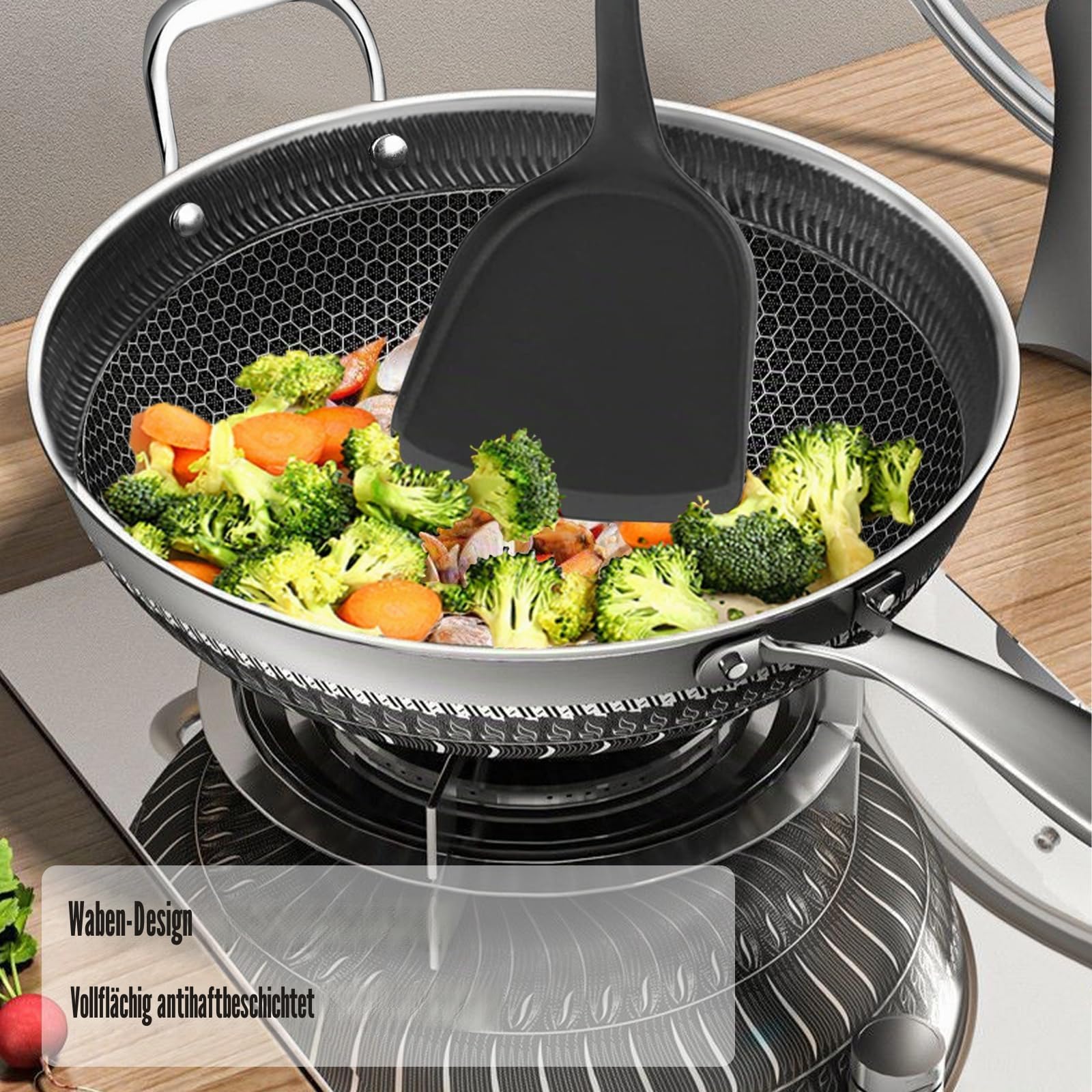 Wokpfanne mit Glasdeckel Spachtel Bratpfanne 32cm Edelstahl Pfanne Für Alle Kochplatten Wokpfanne Induktion Wok Wabenstruktur mit Antihaftbeschichtung Spülmaschinengeeignet Non Stick Pan Küchenprodukt