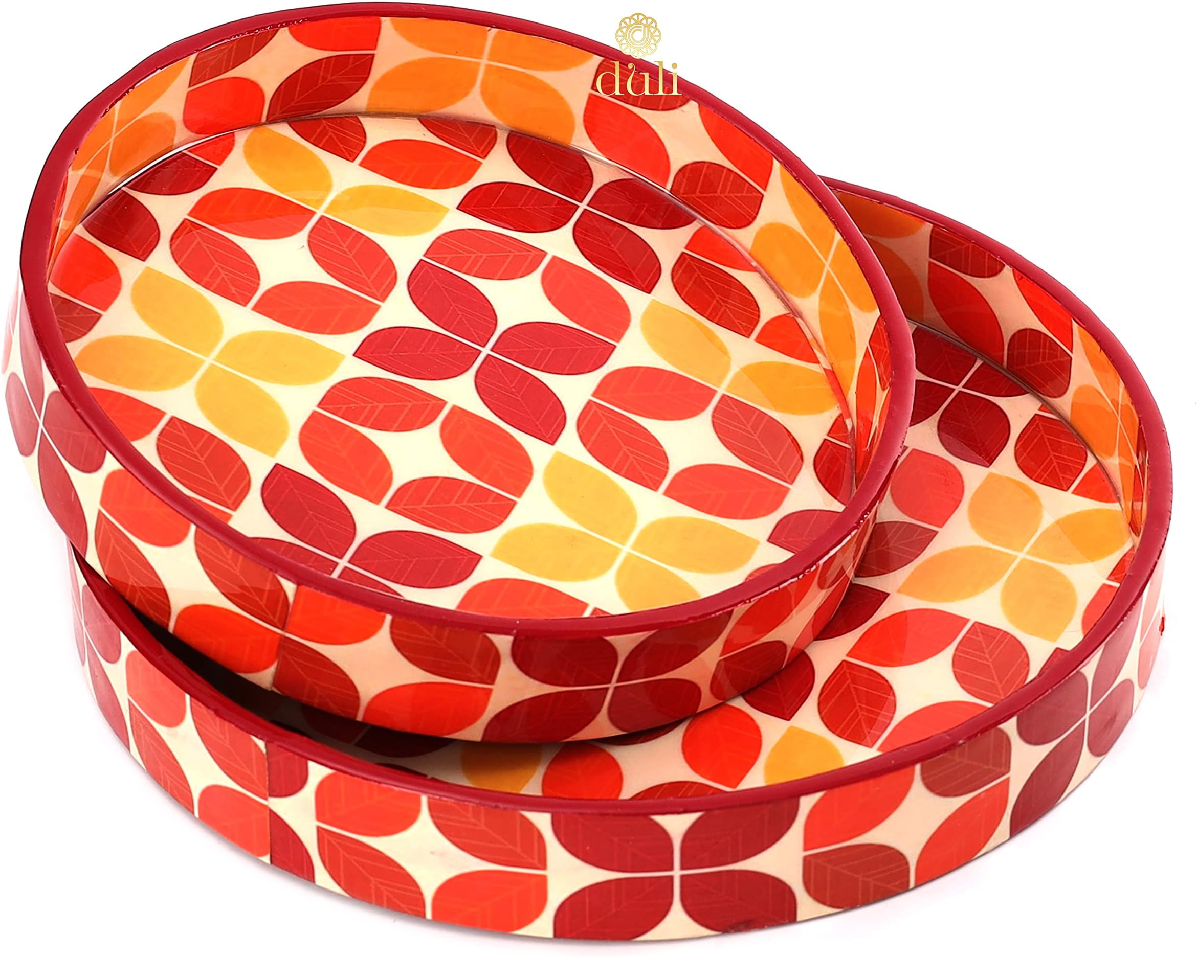 DULI Set of 2 MDF Wood Enamel Coated Multipurpose Trays| Serving Tray for Home & Dining Table | Multipurpose Tray | Water & Heat Resistant Durable| (10 * 10 & 12 * 12 Inches) (Yellow-Orange Leaves)