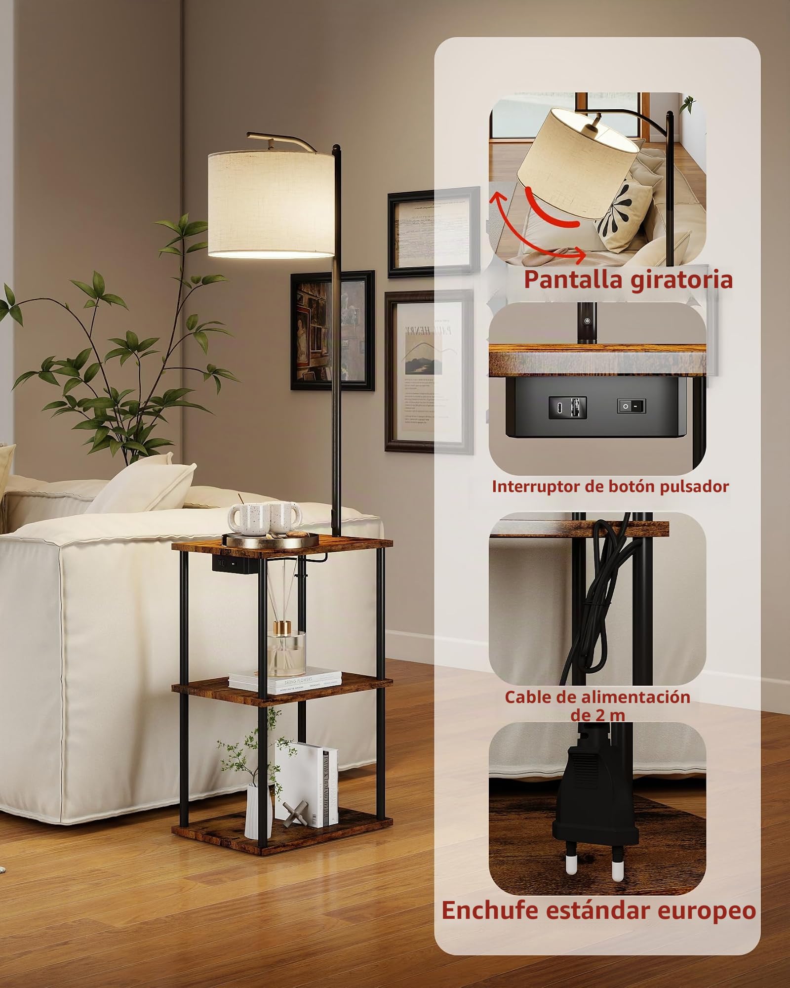 Lampara de Pie con Mesita Regulable Lectura Salon Madera Negra, Lamparas de Pie Para Salon con puertos USB y Taye - C, Floor Lamp for Living Room multifuncionales y modernas