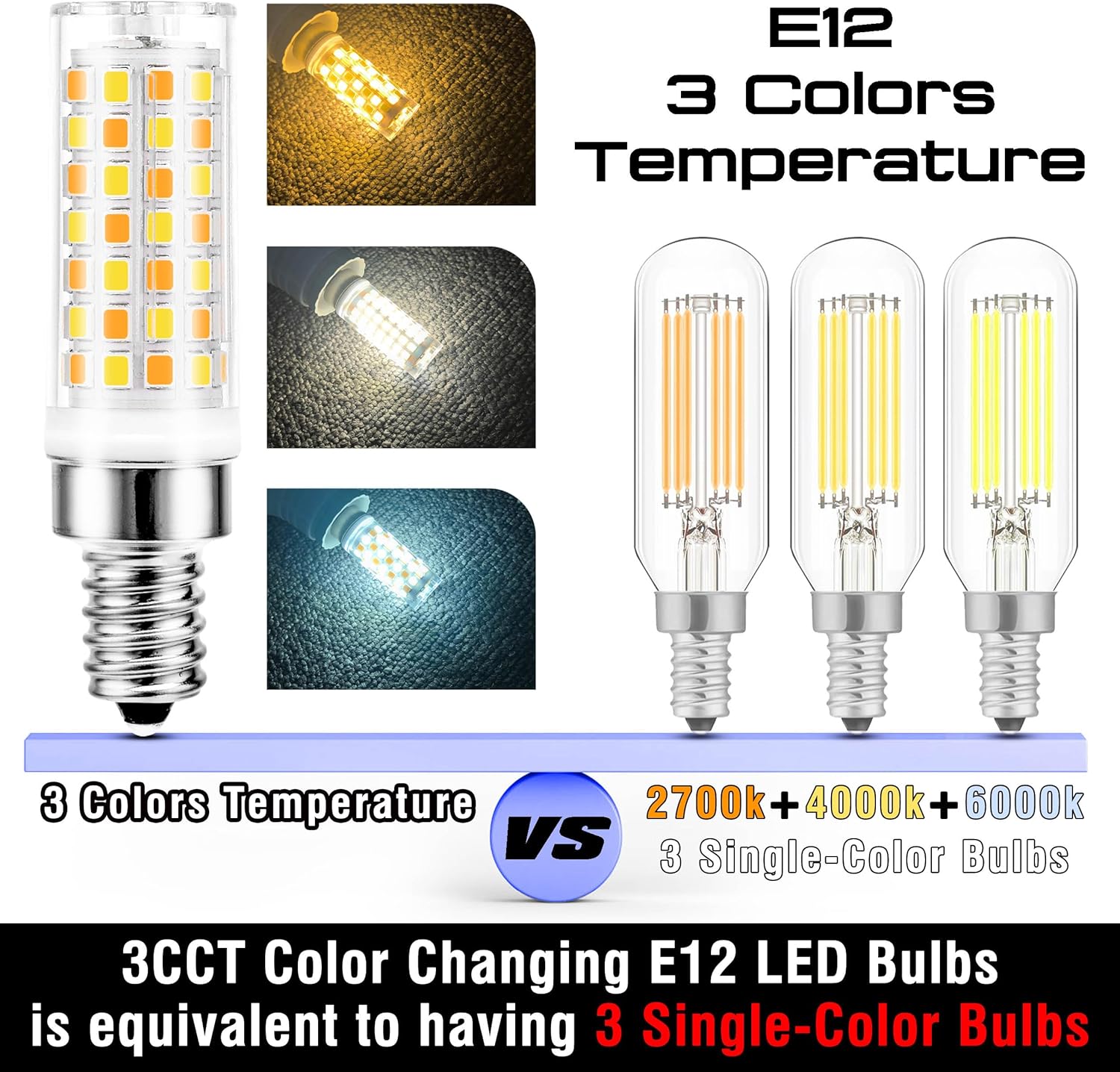 E12 LED Candelabra Bulb 60W Equivalent 3CCT Adjustable (2700K-4000K-6000K), AC120V 6W 600LM, 3 Colors Temperature Mode E12 C7 T6 Bulb for Night Light, Ceiling Fan Floor Light, Non-Dimmable, 2pack