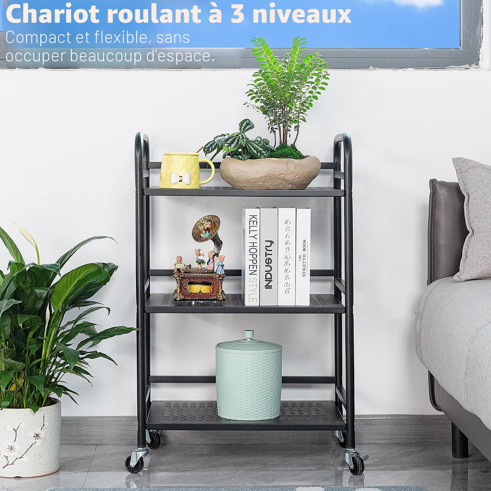 HDANI 3 Niveaux Chariot en métal de Rangement,Chariot de Rangement à pour la Cuisine ou la buanderie avec roulettes (Noir, 48×30×75cm Maille)
